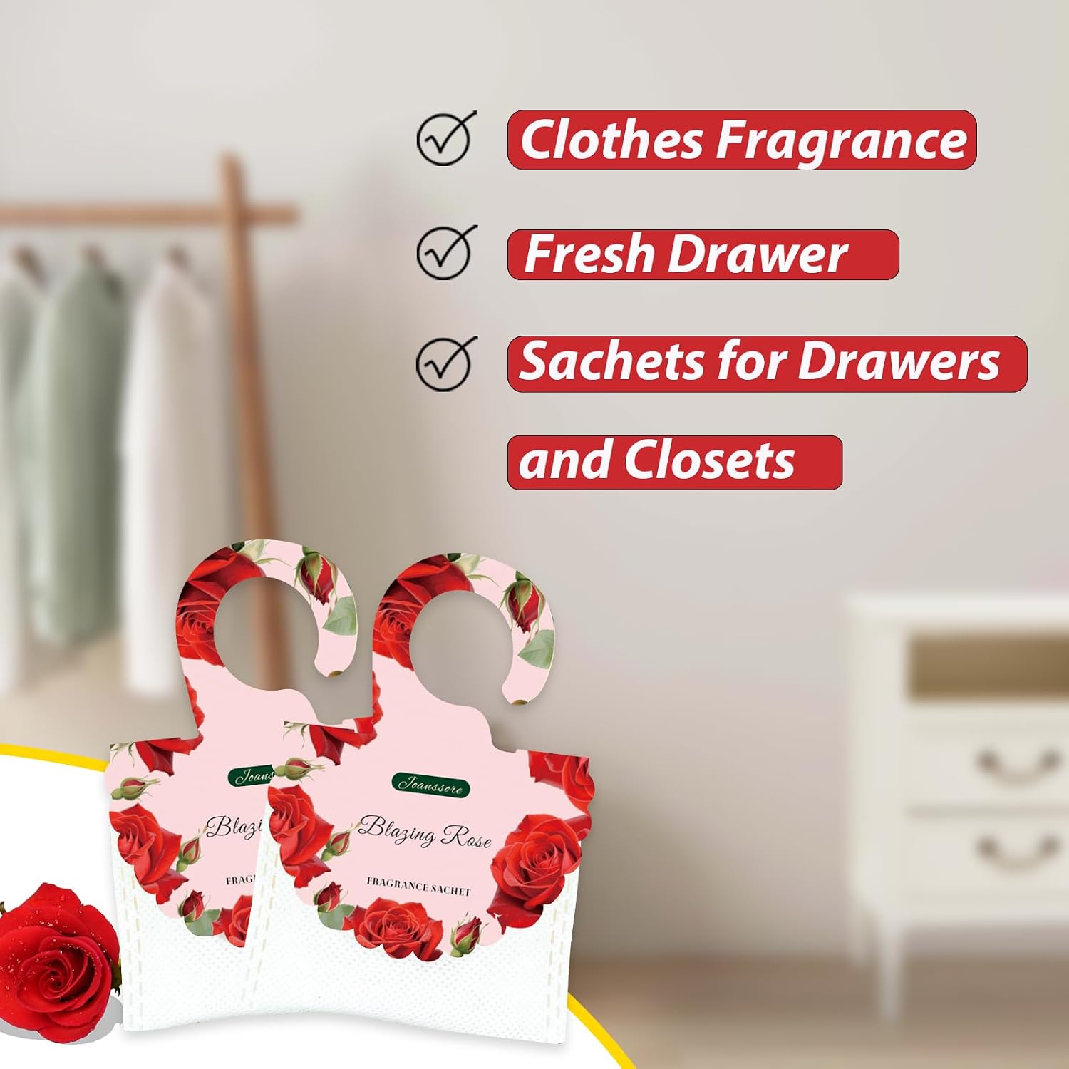 15 Packs Scented Sachets Bag for Drawers and Closets, Hanging Closet Freshener for Home Fragrance Sachet, Long-Lasting Drawer Deodorizer Smell Goods for House (Blazing Rose)