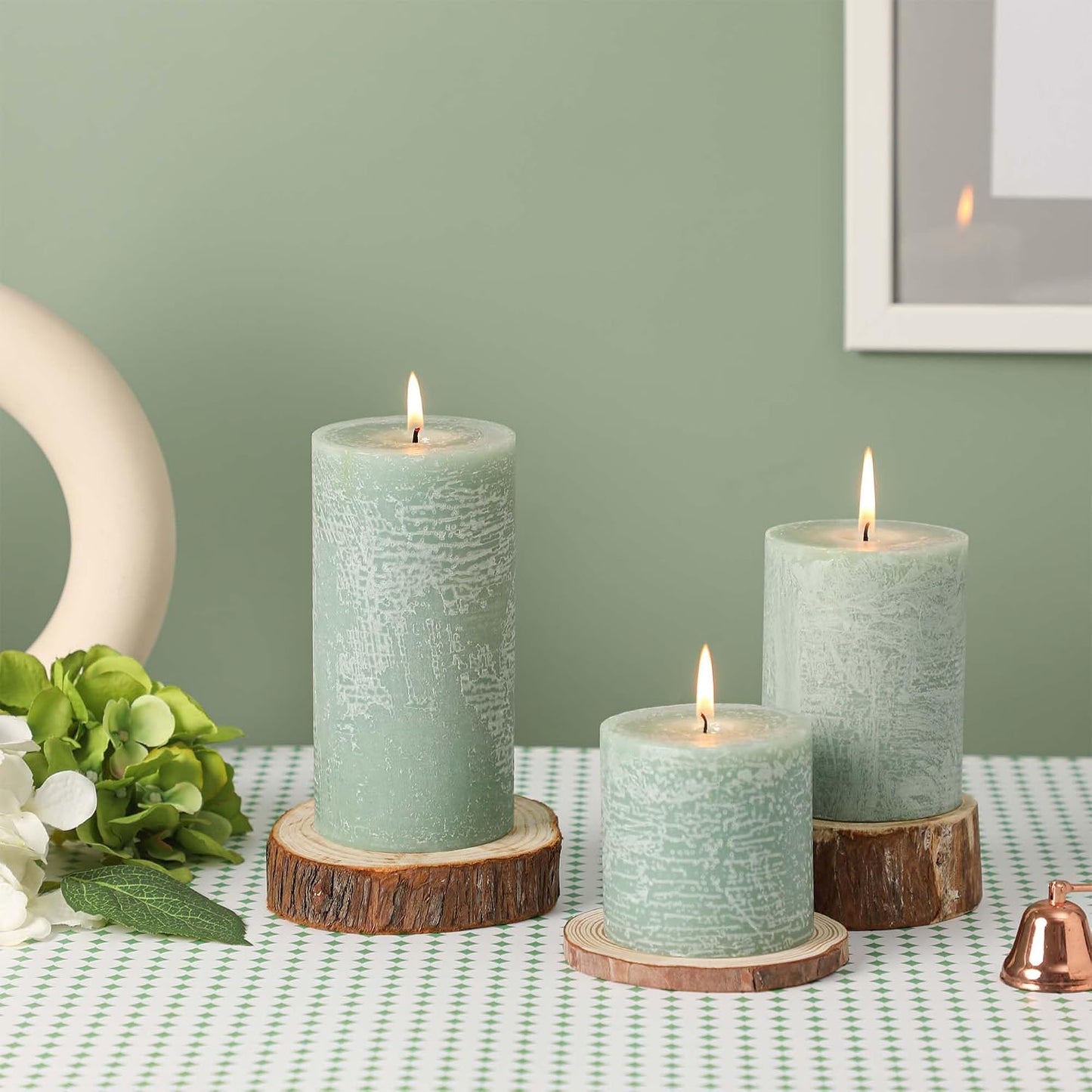 3x3 Inch Sage Green Pillar Candles - Set of 3, Long Clean Burning, Smokeless Dripless Candles for Spring Home Decor, Dinner Table, Bathroom, Rustic Decor