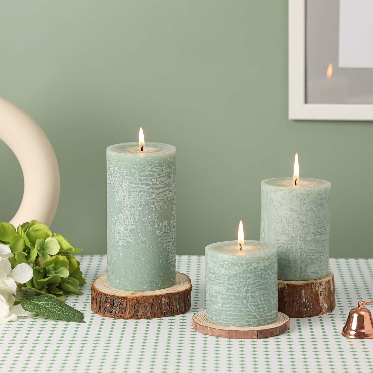 3x3 Inch Sage Green Pillar Candles - Set of 3, Long Clean Burning, Smokeless Dripless Candles for Spring Home Decor, Dinner Table, Bathroom, Rustic Decor
