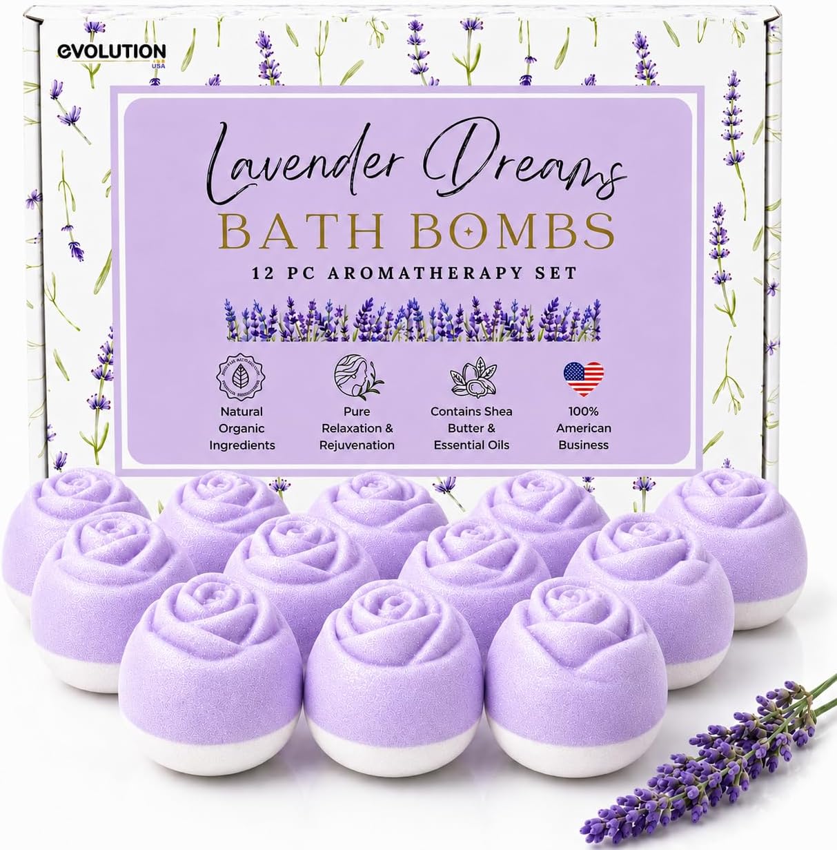 EvolutionUSA Lavender Dreams Bath Bombs for Women, 12 Organic Flower Bath Bombs, Soft Lavender Bath Bombs, Womens Bath Bombs Gift, Lush Bath Bombs for Girls, Relaxing Bathbombs, Bath Balls