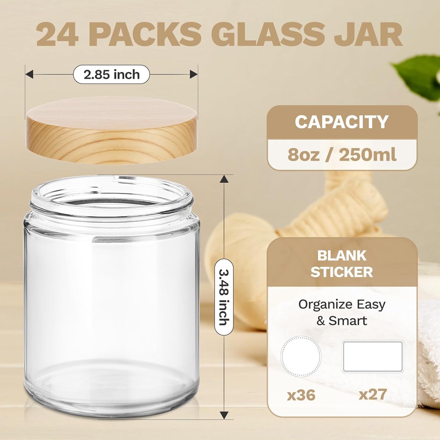 24Pcs 8 oz Clear Glass Candle Jars with Plastic Woodgrain Lids, Bumobum Body Butter Containers for Lotion, Creams, Body Scrubs, Ointments (240ml)
