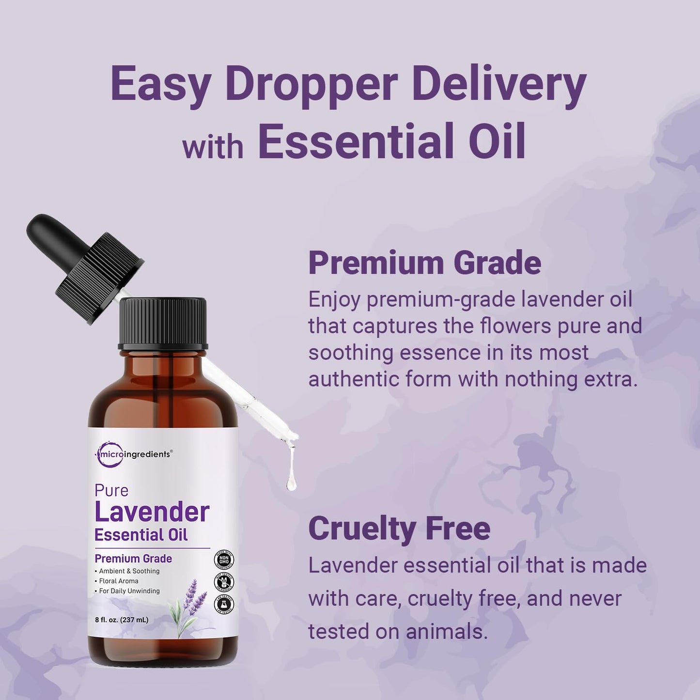 Micro Ingredients Lavender Essential Oil, 8 fl oz | Premium Grade Liquid Drops | DIY for Natural Aromatherapy, Soap, Lotion, Diffuser, Candles, Body & Scalp Massages | Soothing Floral Aroma