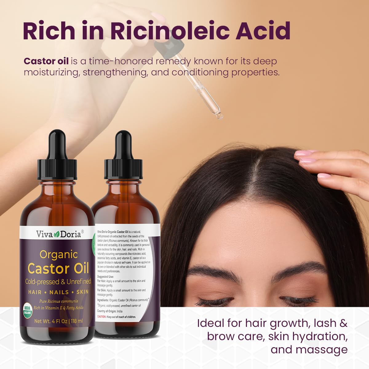 Viva Doria Organic Castor Oil, 4 Fl Oz | Virgin, Cold Pressed, Hexane-Free, Vegan | Nourishing Hair & Skin Care | Eyelash & Brow Serum | Glass Bottle with Dropper Top
