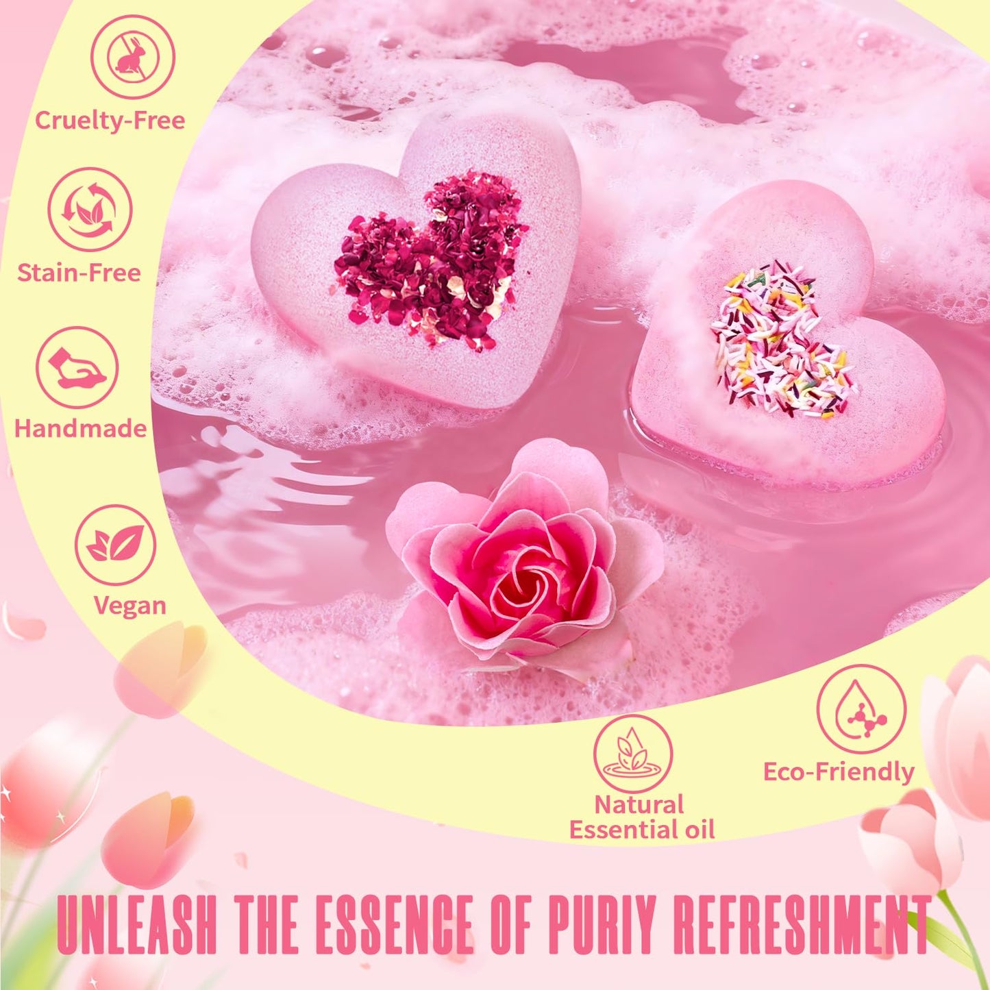 Rose Bath Bombs for Women XXL, Gifts for Mom, 4-Pack Handmade Natural & Organic Rose Essential Oil, Pink Teacher Appreciation Gifts for Wife Daughter Girlfriend Coworkers