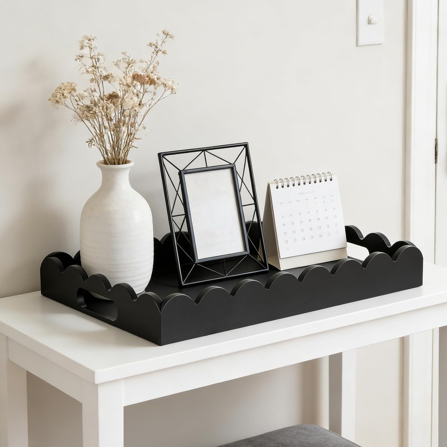 Hanobe Decorative Tray for Coffee Table: Serving Tray Decor with Scalloped Edge - Black Entryway Decor for Living Room Kitchen Counter