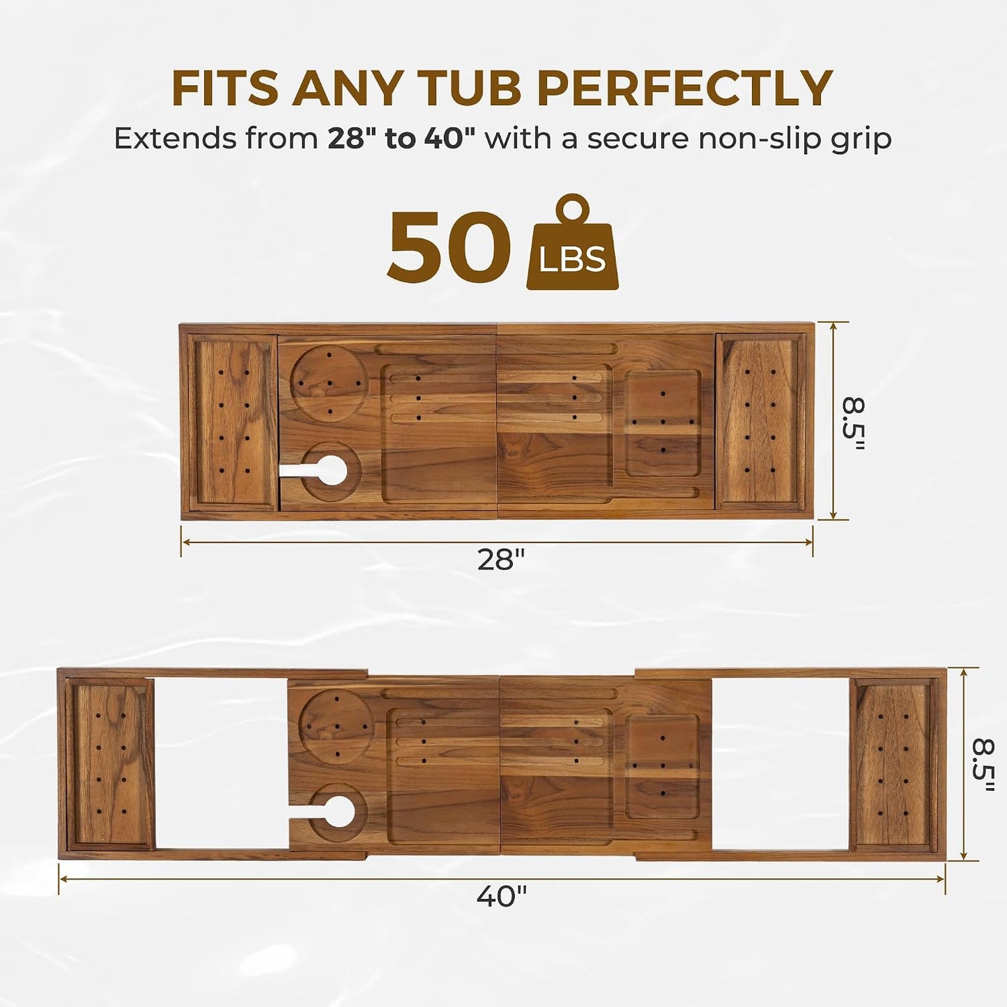 Venusmiles Teak Bathtub Tray Caddy, Foldable Bath Tray with Expandable Handles, Wine Glass and Phone Holders, Book Stand, for Home Spa Relaxation, Luxury Bathroom Accessories - Light Walnut Color