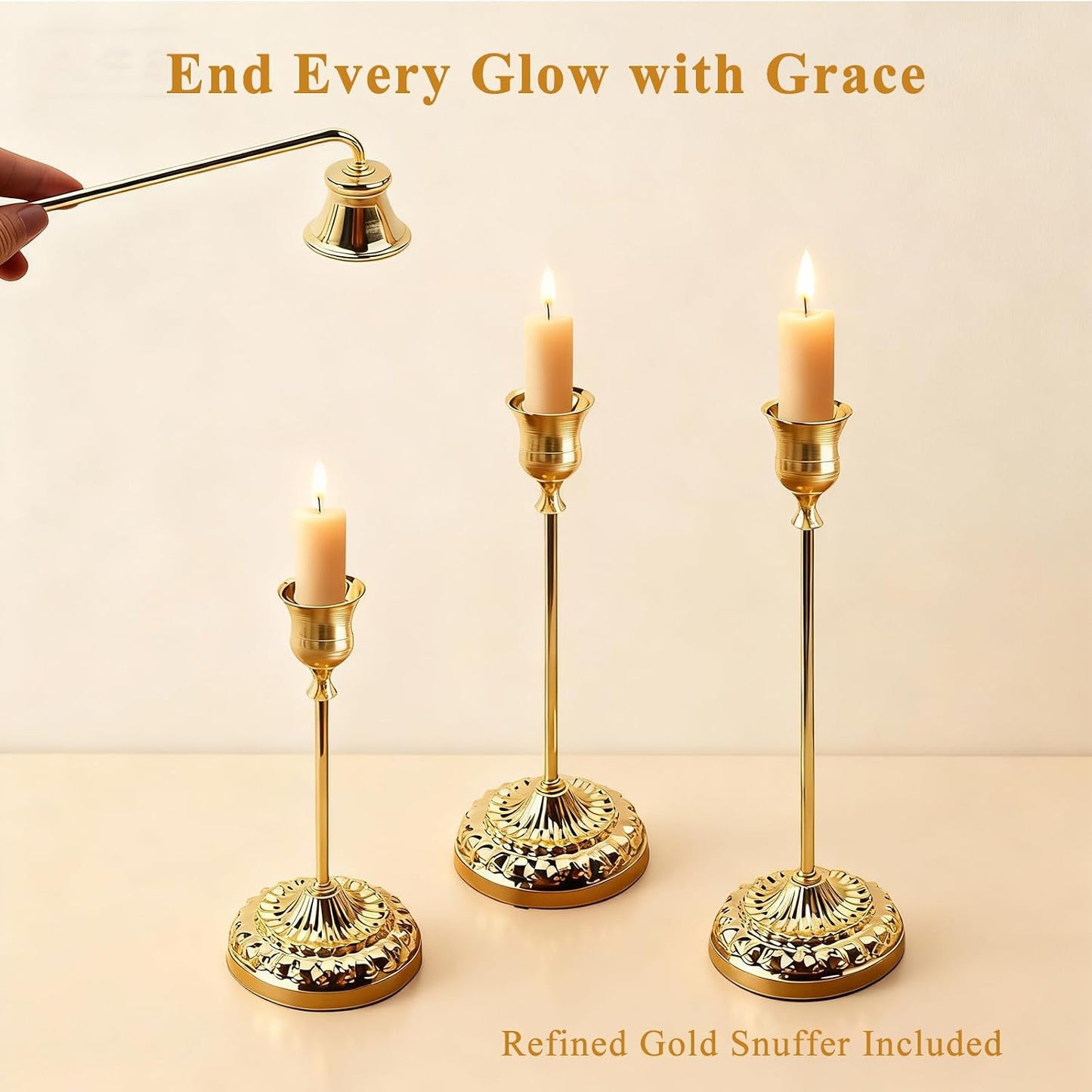 BEAHOT Gold Candle Holders, Set of 3 with Matching Candle Snuffer – Elegant Durable Non-Slip Candlestick Holders for Christmas Decorations Wedding Centerpiece, Dining Table & Home Gift Display