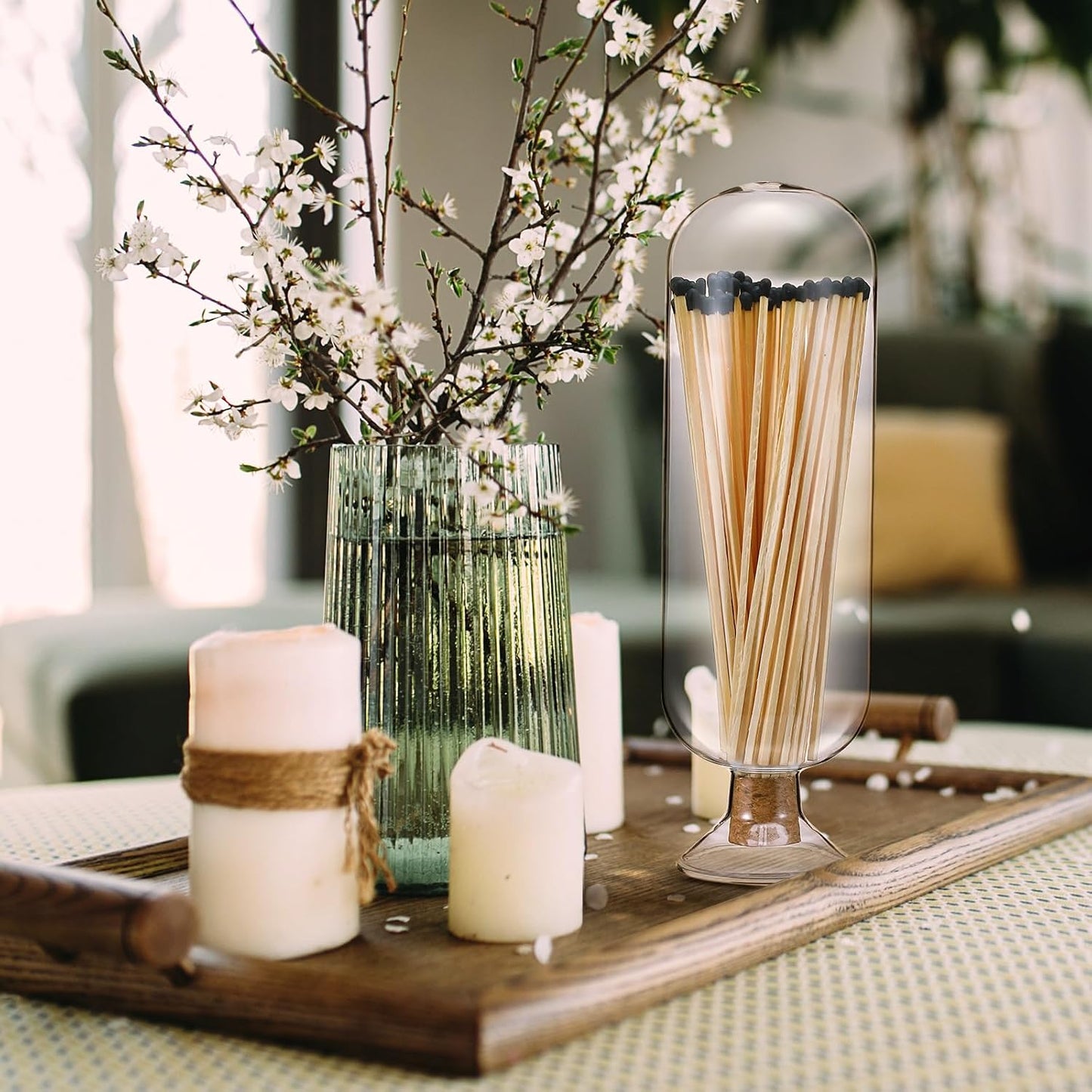 Extra Tall 11 Decorative Glass Matches Cloche Decorative Match Holder Jar for Candle Matches Trendy Fireplace Display Decor, Sticks Not Included