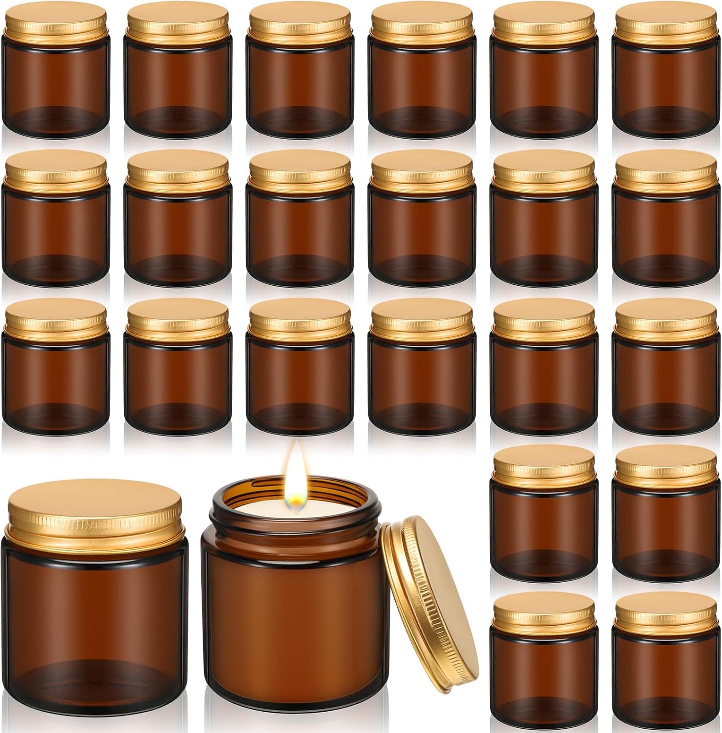 Zhehao 24 Pcs Glass Candle Jars with Lids Bulk, Round Empty Candle Container Tins, Dishwasher Safe and Leakproof DIY Crafts(Amber,Gold,4 oz)