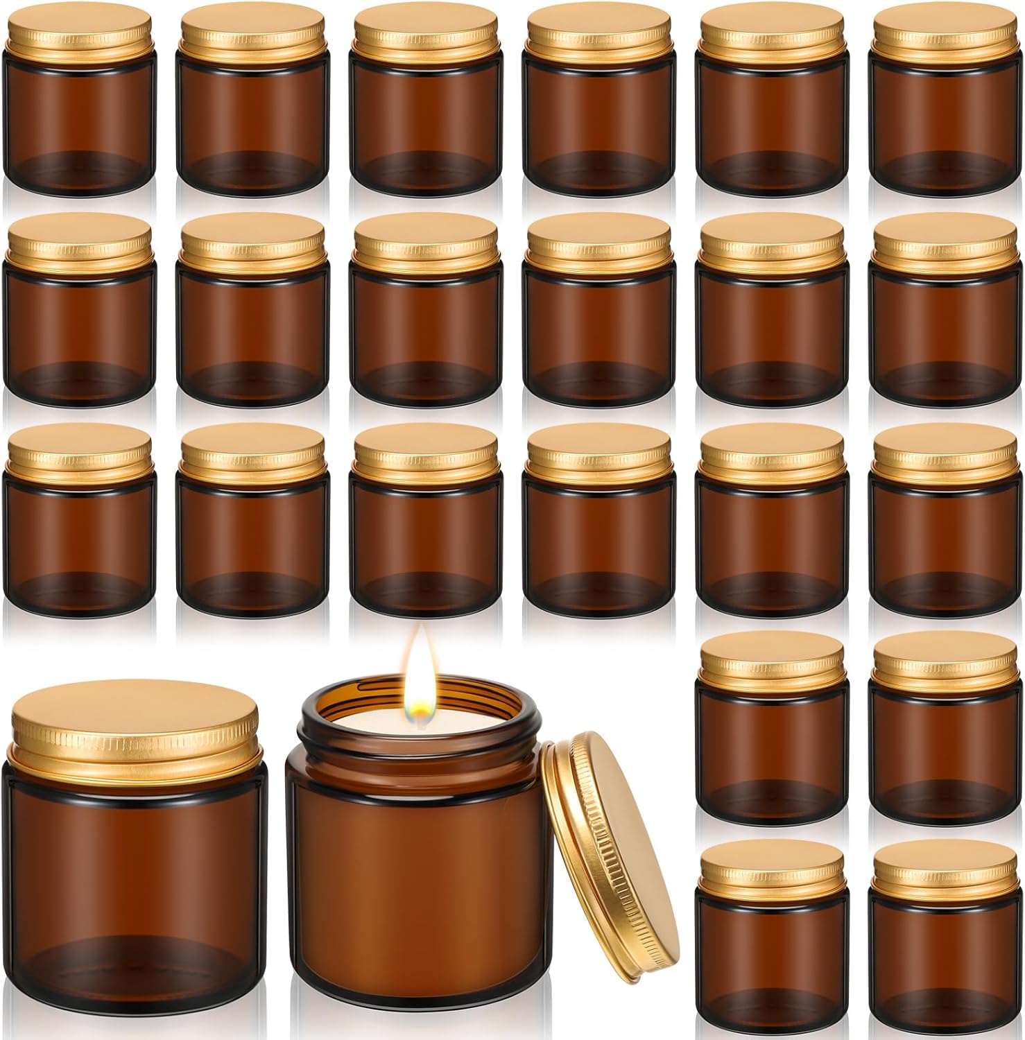 Zhehao 24 Pcs Glass Candle Jars with Lids Bulk, Round Empty Candle Container Tins, Dishwasher Safe and Leakproof DIY Crafts(Amber,Gold,4 oz)