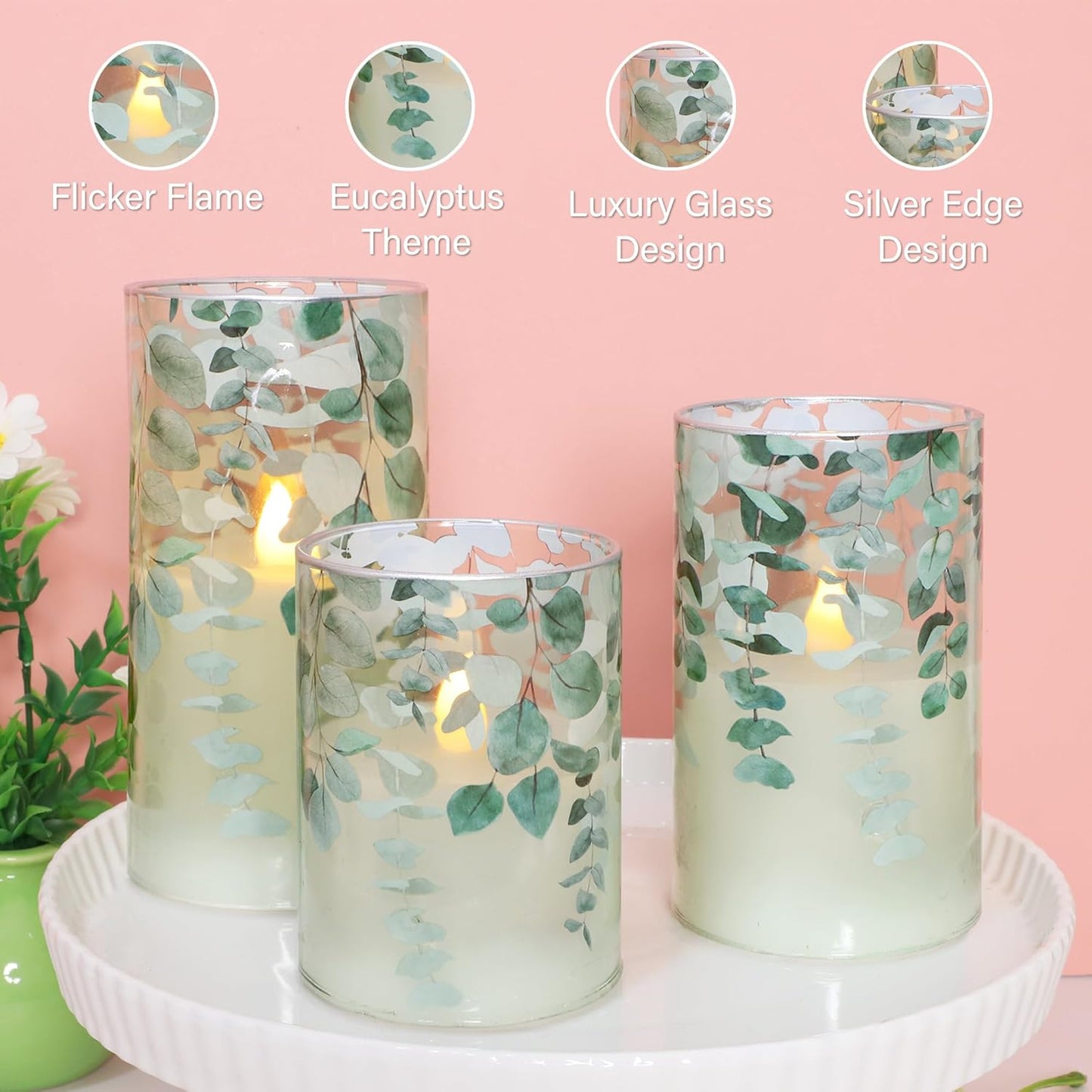 Green Glass Flameless Candles Remote Timer Eucalyptus Leaves Greenery Design Battery Operated Flicker Pillar Candle for Wedding Centerpiece Spring Easter Farmhouse Home Decoration, Set of 3