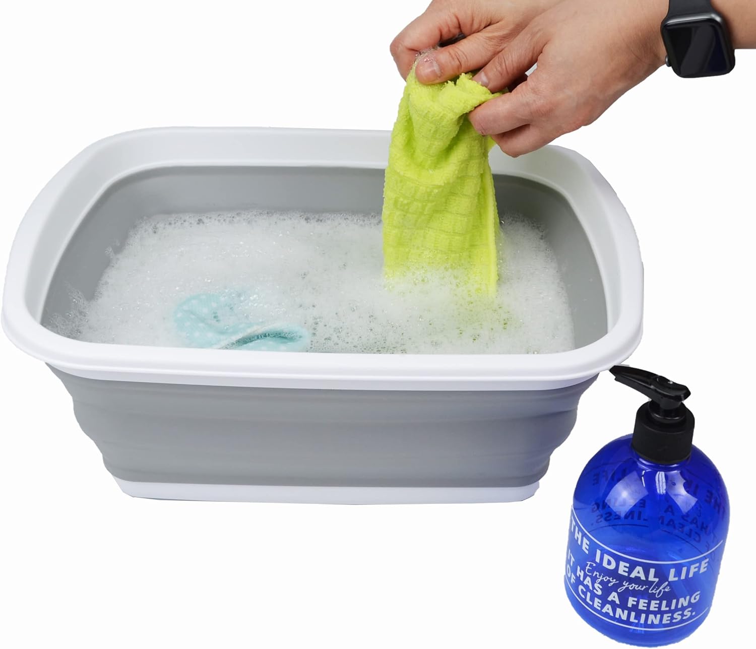 SAMMART 10L (2.6 Gallons) Collapsible Tub - Foldable Dish Tub - Portable Washing Basin - Space Saving Plastic Washtub (White/Grey, 1)