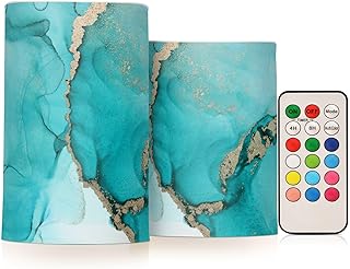 Eionryn Teal Turquoise Marble Texture Flameless Candles Black and Gold Battery Operated LED Candles with Remote Timer Electric Candles for Home Party Decor 2pcs