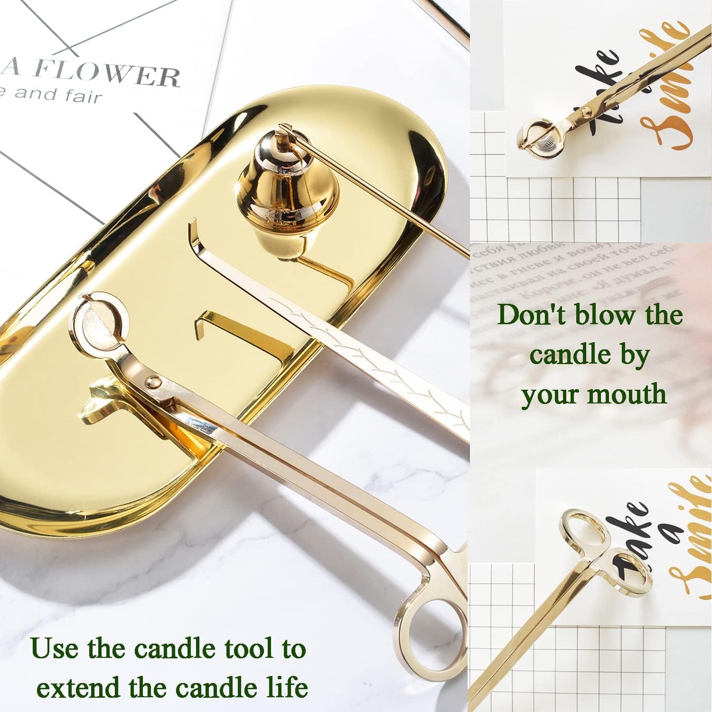 UCINNOVATE 4 in 1 Candle Accessory Set - Wick Trimmer, Snuffer, Dipper, Storage Tray for Candle Lovers, Holidays (Gold)