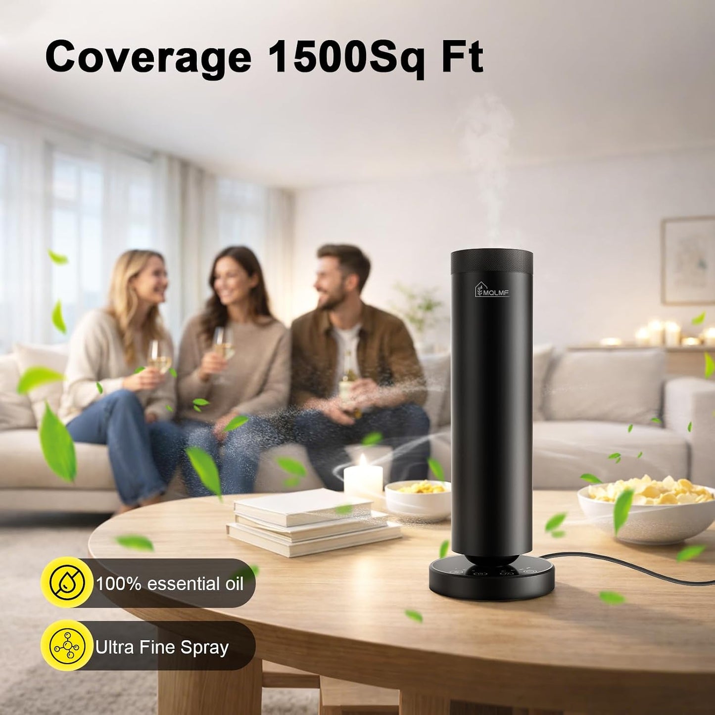 Waterless Diffuser,1500 Sq Ft,Ring Ambient Light,USB Plug-in & Rechargeable,Aluminum,Remote Control&Touch Buttons,Adjustable Fragrance&Timer,Hotel Collection Scent Machine - Satin Black