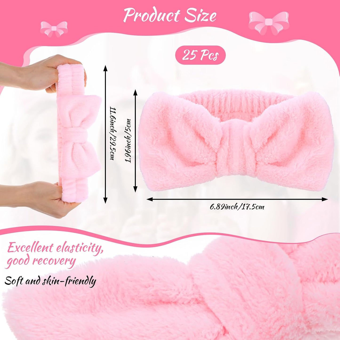 Kifmurase 25Pcs Spa Headbands, Makeup Headbands, Bow Tie Hair Band, Pink Skincare Headband for Washing Face, Cosmetic Facial Sports Yoga Elastic Headband