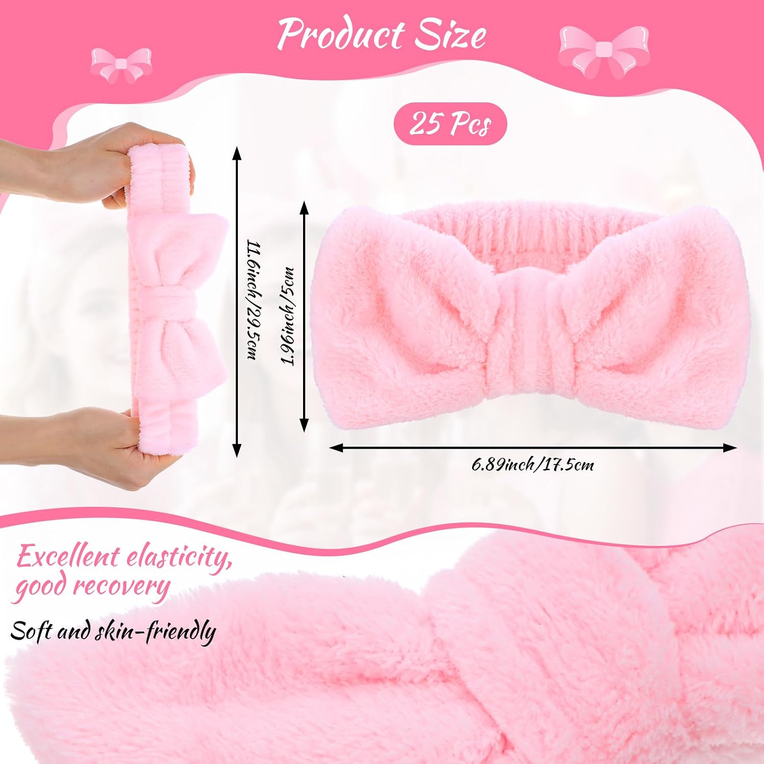 Kifmurase 25Pcs Spa Headbands, Makeup Headbands, Bow Tie Hair Band, Pink Skincare Headband for Washing Face, Cosmetic Facial Sports Yoga Elastic Headband