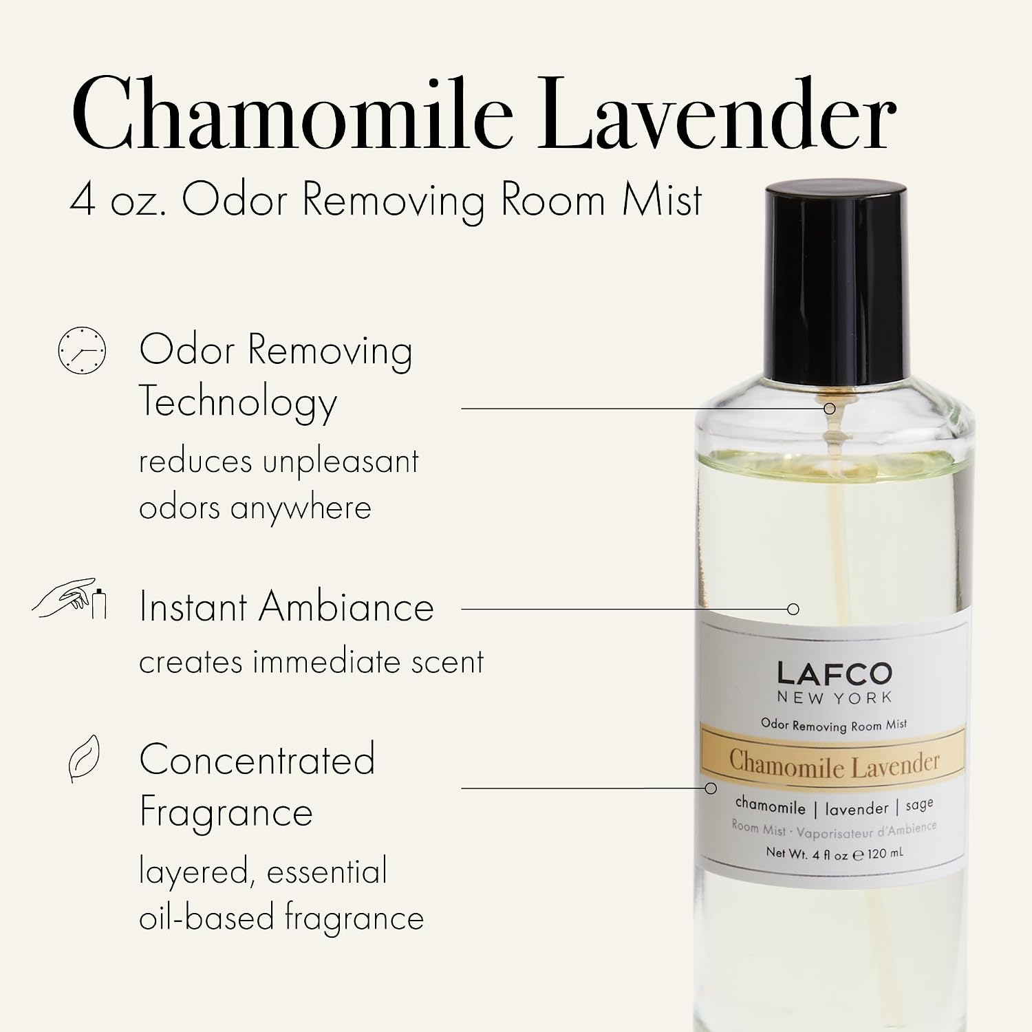 LAFCO New York Odor Removing Room Mist, Chamomile Lavender - 4 oz - Eliminates Unpleasant Scents & Provides Luxurious Fragrance - Up to 750 Pump Sprays Per Bottle - Made in the USA