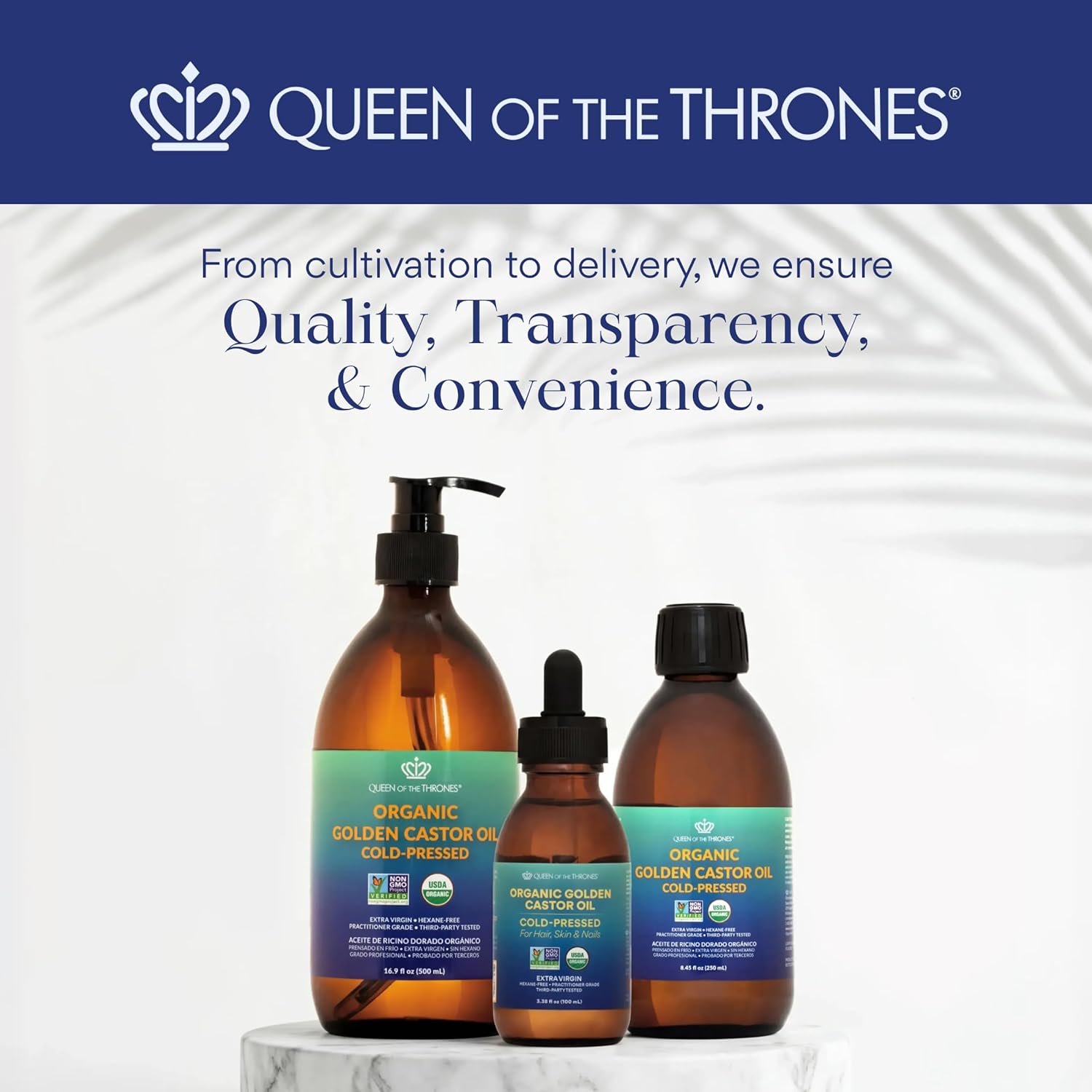 QUEEN OF THE THRONES® Organic Golden Castor Oil Roll-On with Rose Quartz | 100% Pure for Skin, Brows & Lashes and less mess Castor Oil Packs | Hexane-Free | USDA Certified | Cold-Pressed 1.7oz (50mL)