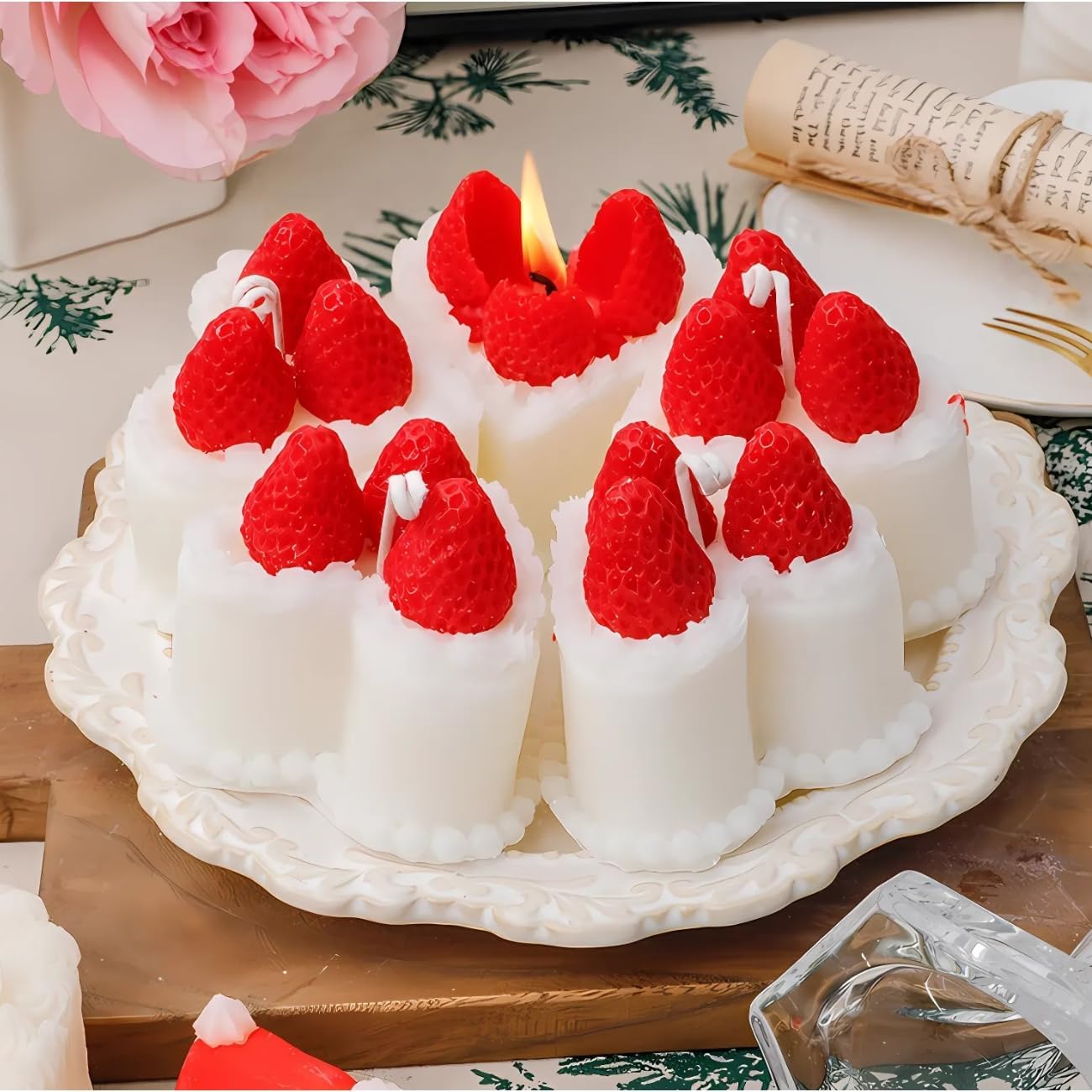 Strawberry Cake Candle, Handmade, Scented Birthday Cake Candle, Decorative Fake Food for Home Décor, Gift for Women & Girls, 3.15"x3.15"