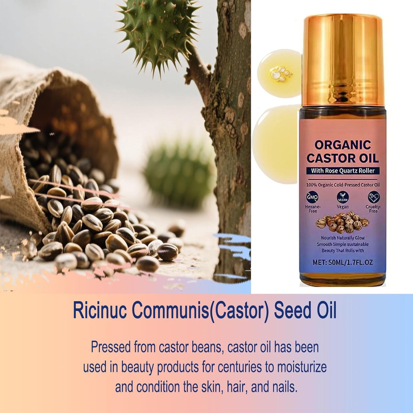 Organic Castor Oil Roll On with Rose Quartz Roller, 100% Castor Oil Organic Cold Pressed, Hexane-Free, for Face and Body, Hair, Eyebrows, Moisturize Skin -1pcs