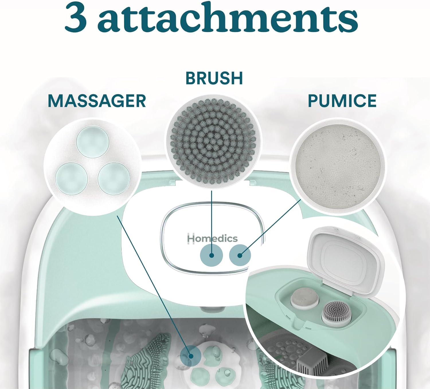 HoMedics Smart Space Elite Footbath with Heat Boost, Collapsible, Invigorating Bubble Massage, 3 Pedicure Attachments, Safe to Use Bath Salts, Patented Safety-Lock System, Ergonomic