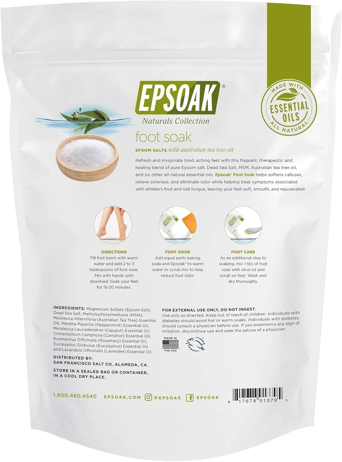Tea Tree Oil Foot Soak with Epsoak Epsom Salt - 2 Pound Value Bag - Made in the USA