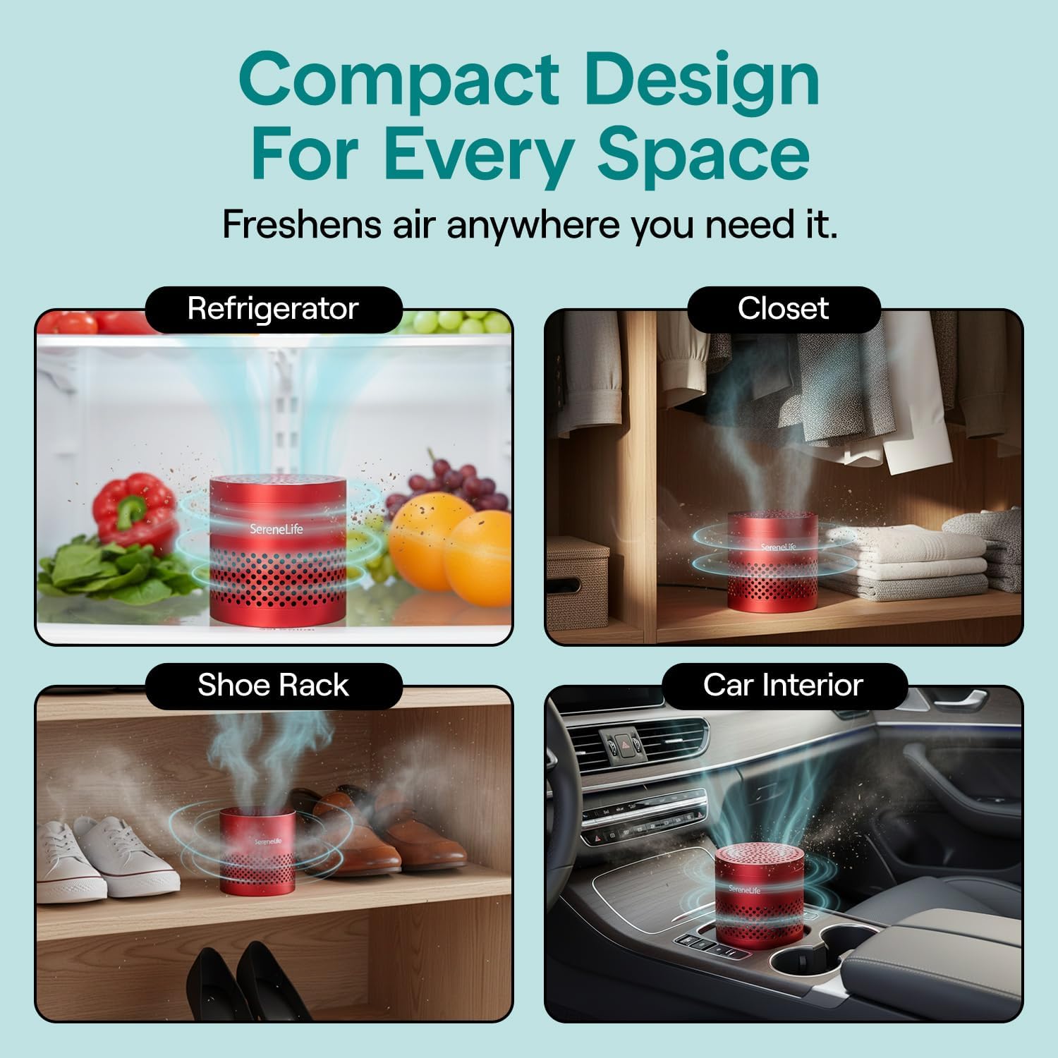 SereneLife Fridge Deodorizer & Odor Eliminator, Multi-Use Refrigerator Deodorizer Aluminum Pod for Freezer, Closet, Car, Shoes & Enclosed Spaces, Compact, Reusable & Lasts Up to 10 Years (Red)