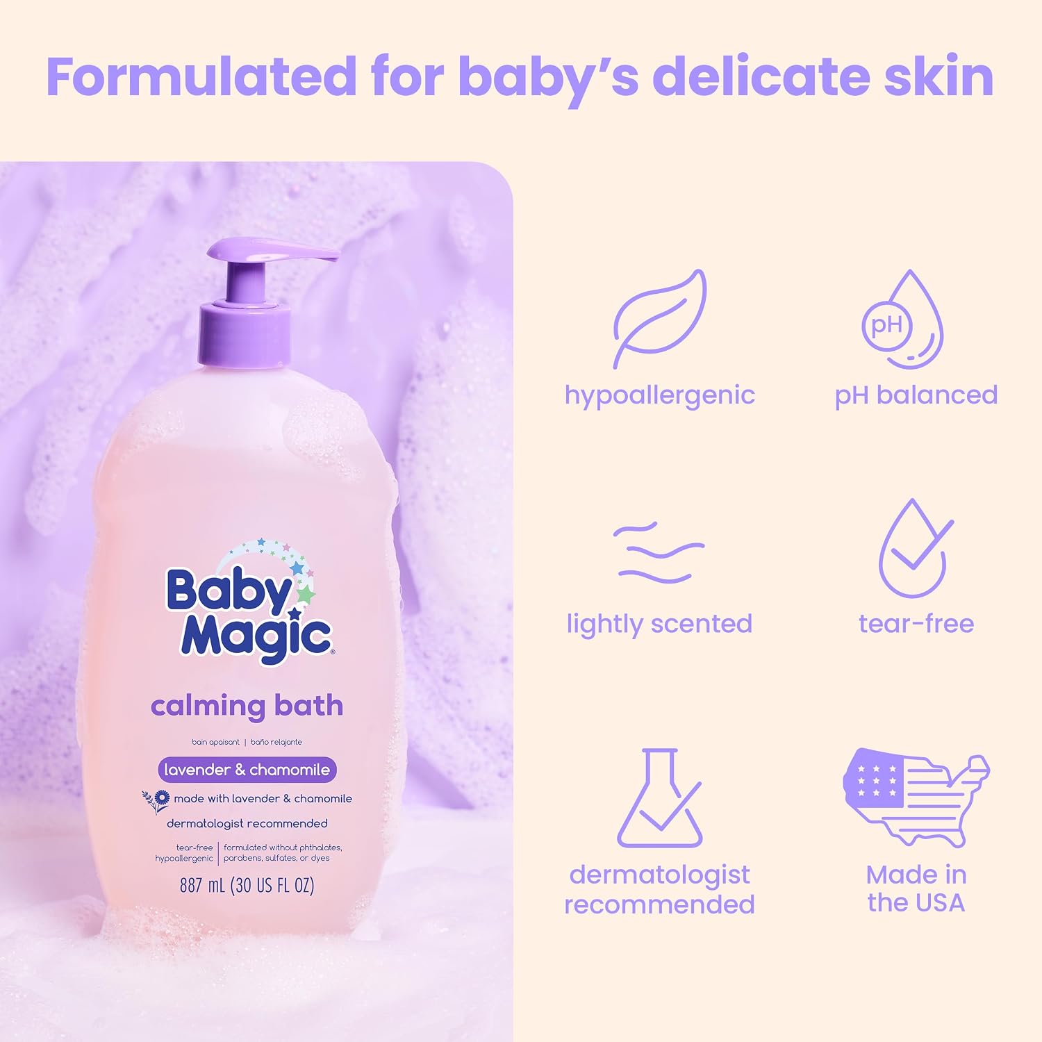Baby Magic Calming Baby Bath, Lavender & Chamomile Scent, Specially Formulated for Baby's Delicate Skin, Made with Calendula, Tear Free, Hypoallergenic, Dermatologist Recommended, 30 Fl Oz