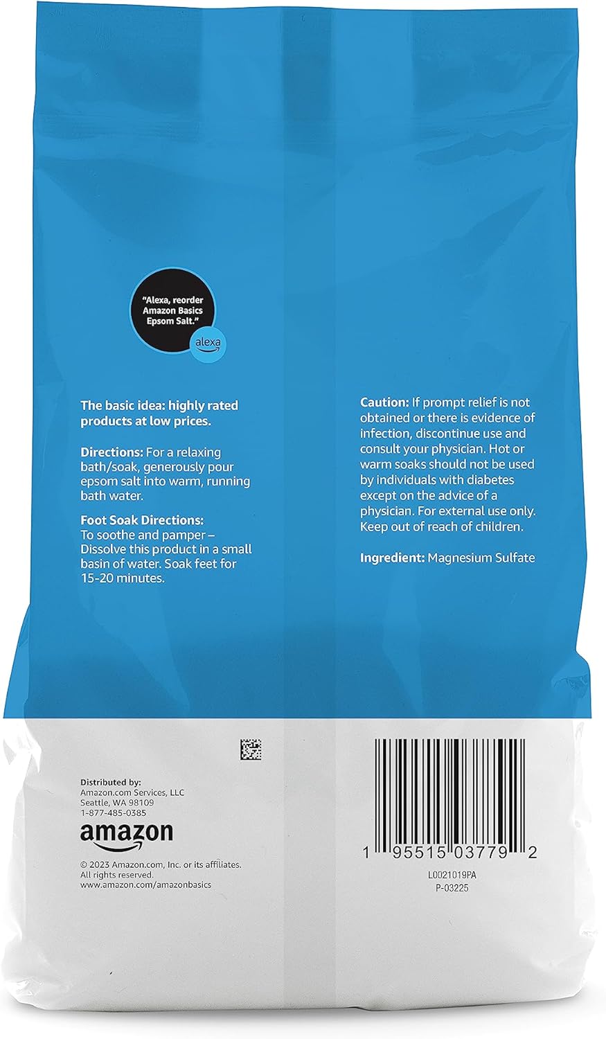 Amazon Basics Epsom Salt Soak, Unscented, Magnesium Sulfate USP, Muscle and Feet Relaxation, Resealable Bag, 3 Pound