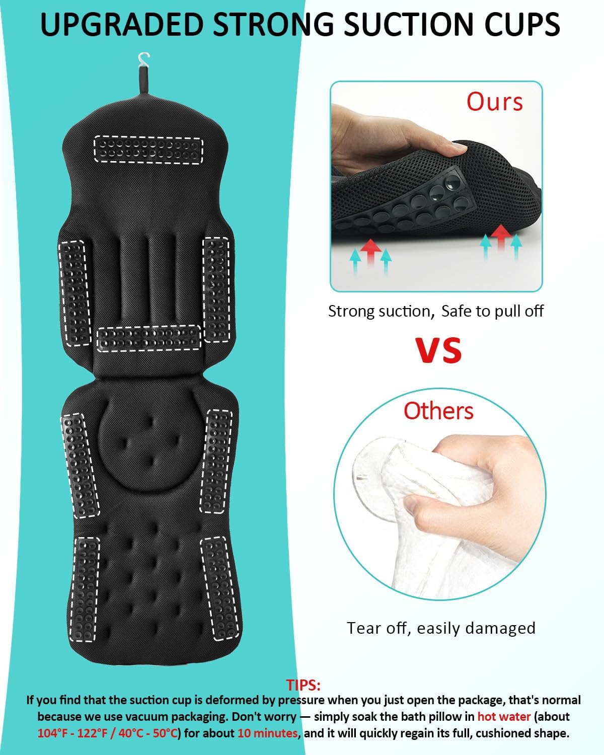 Full Body Bath Pillow for Bathtub, 5D Thick Tub Pillow for Bathtub with 192 Non-Slip Suction Cups, Laundry Bag & Hook, Bathtub Pillow for Head, Neck & Back Support (Black, 51"*15")