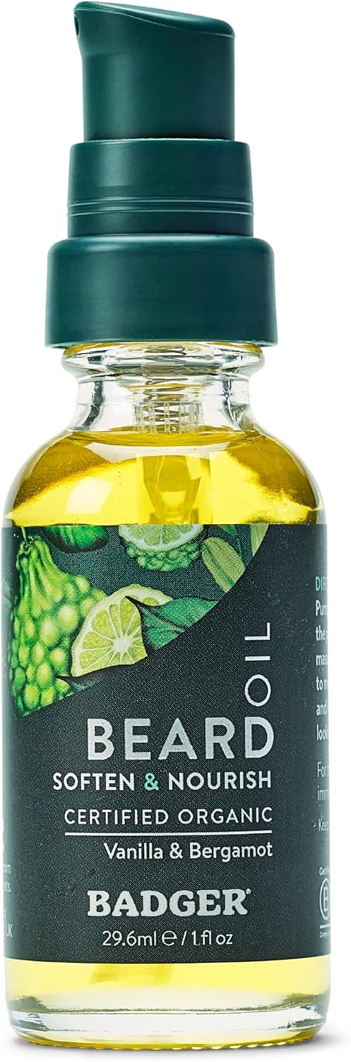 Badger Beard Oil, Babassu & Jojoba, Certified Organic, Premium Beard Conditioner, Beard Oil for Dry Skin, Beard Oil for Long Beards, Facial Hair Oil, 1 fl oz Glass Bottle