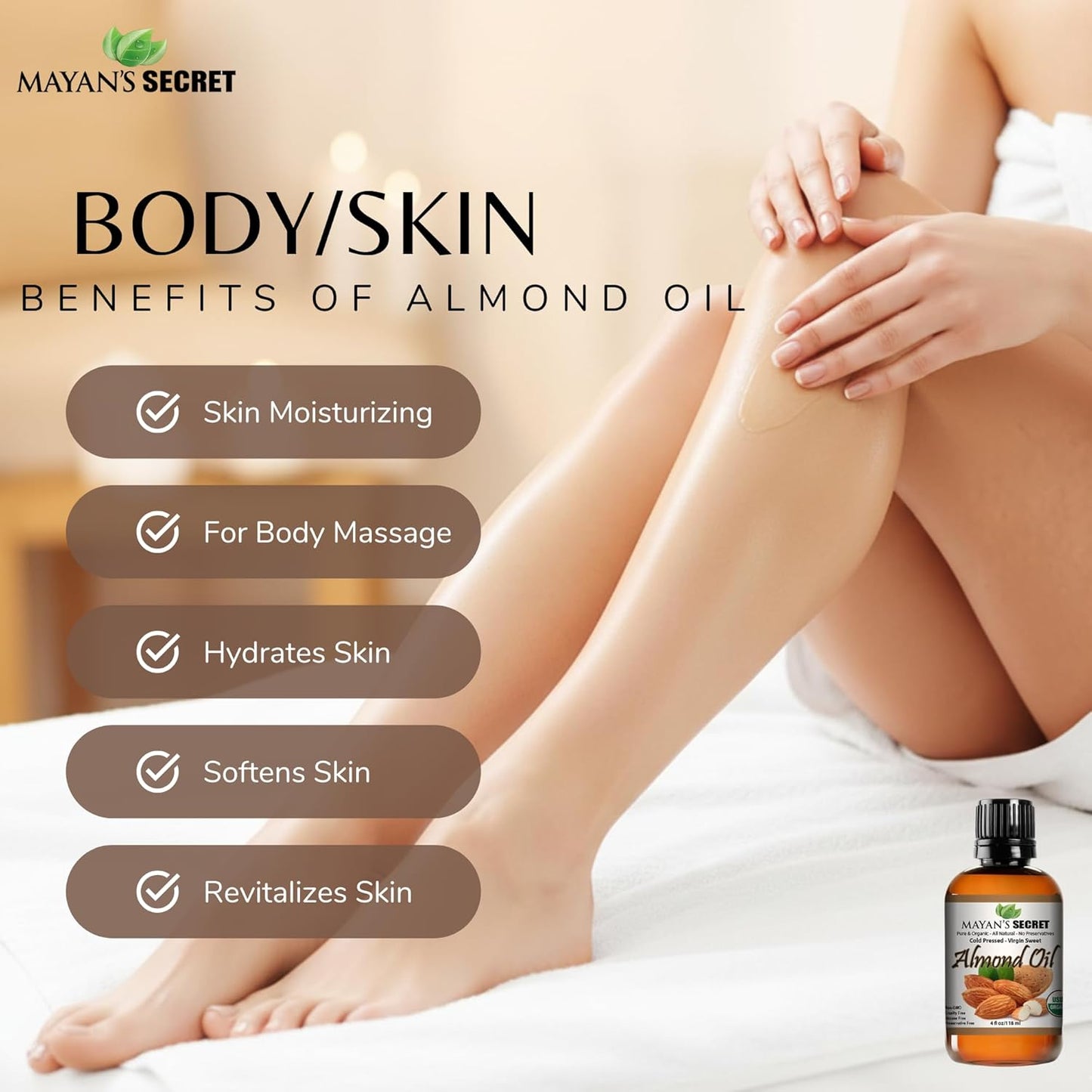 Mayan's Secret - 100% Organic Sweet Almond Oil for Skin Hair, Face - Cold Pressed Pure Almond Essential Oil (4 fl. oz.)