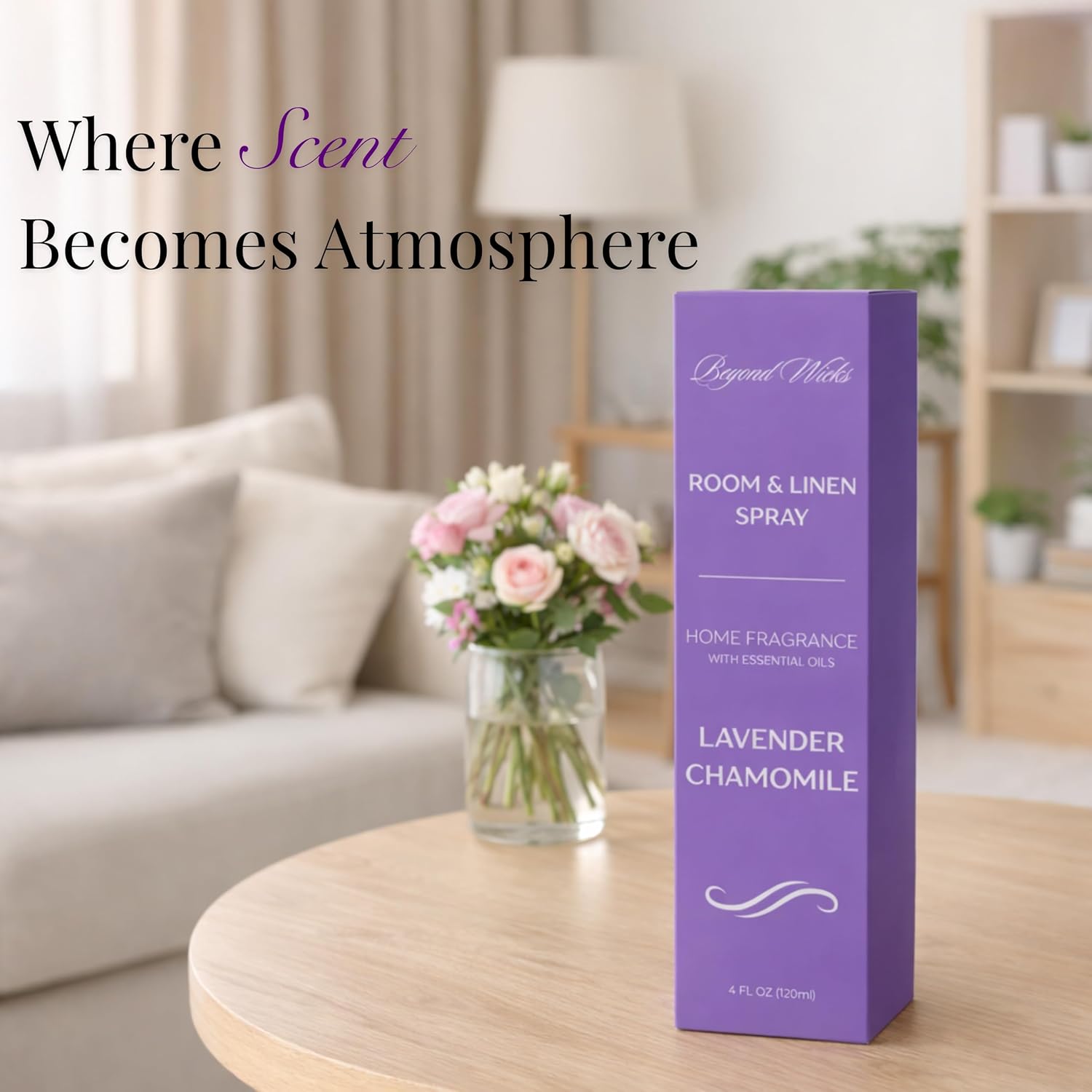 Lavender & Chamomile Room and Linen Spray – Lavender Room Spray with Essential Oils – Air Freshener Spray – 4 fl oz (120 ml) by Beyond Wicks