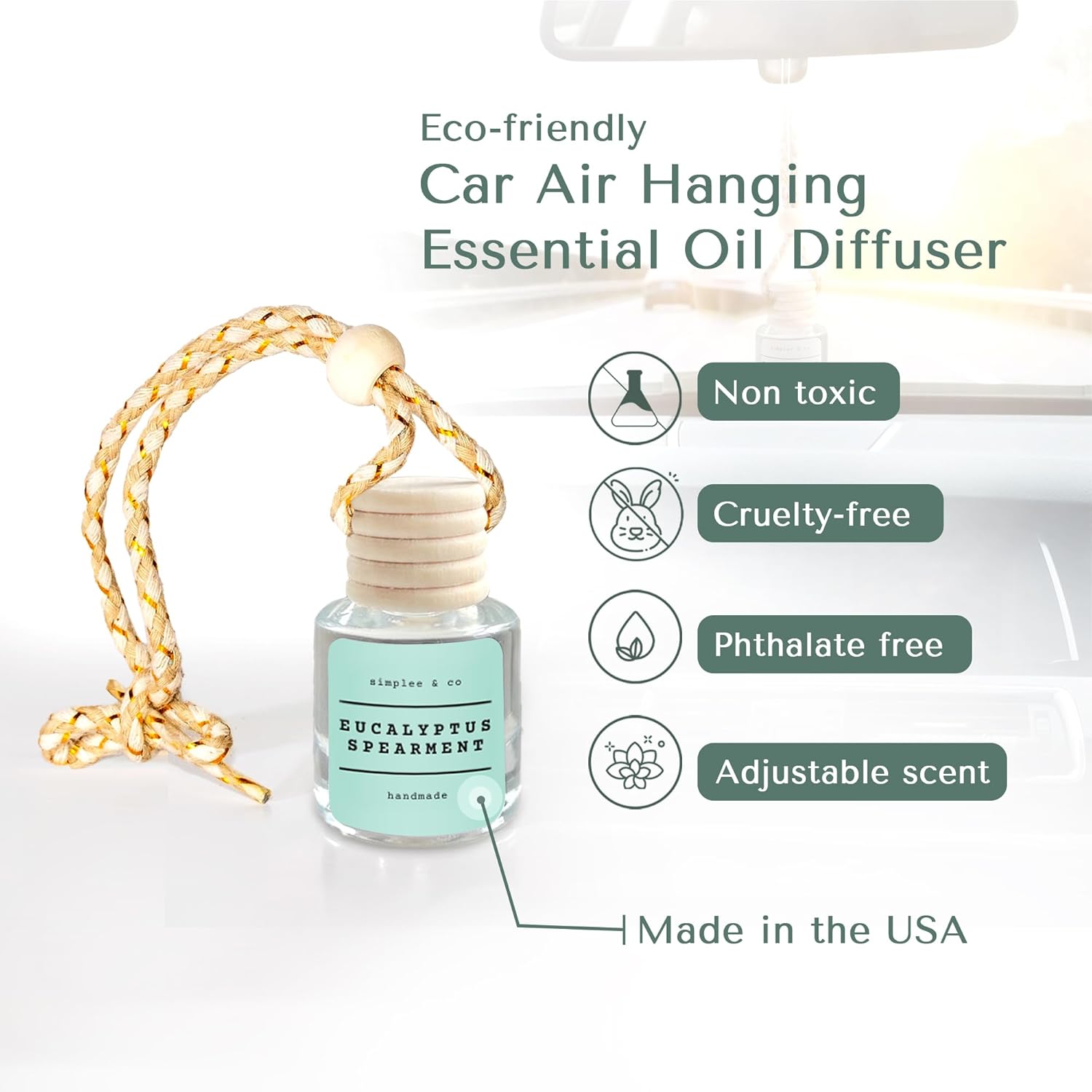 Eucalyptus & Spearmint Air Freshener Hanging, Long Lasting Essential Oil Diffuser for Car, 2 Pack Fragrance, Reusable Glass Bottle Car Freshener, Made in USA Simplee & Co