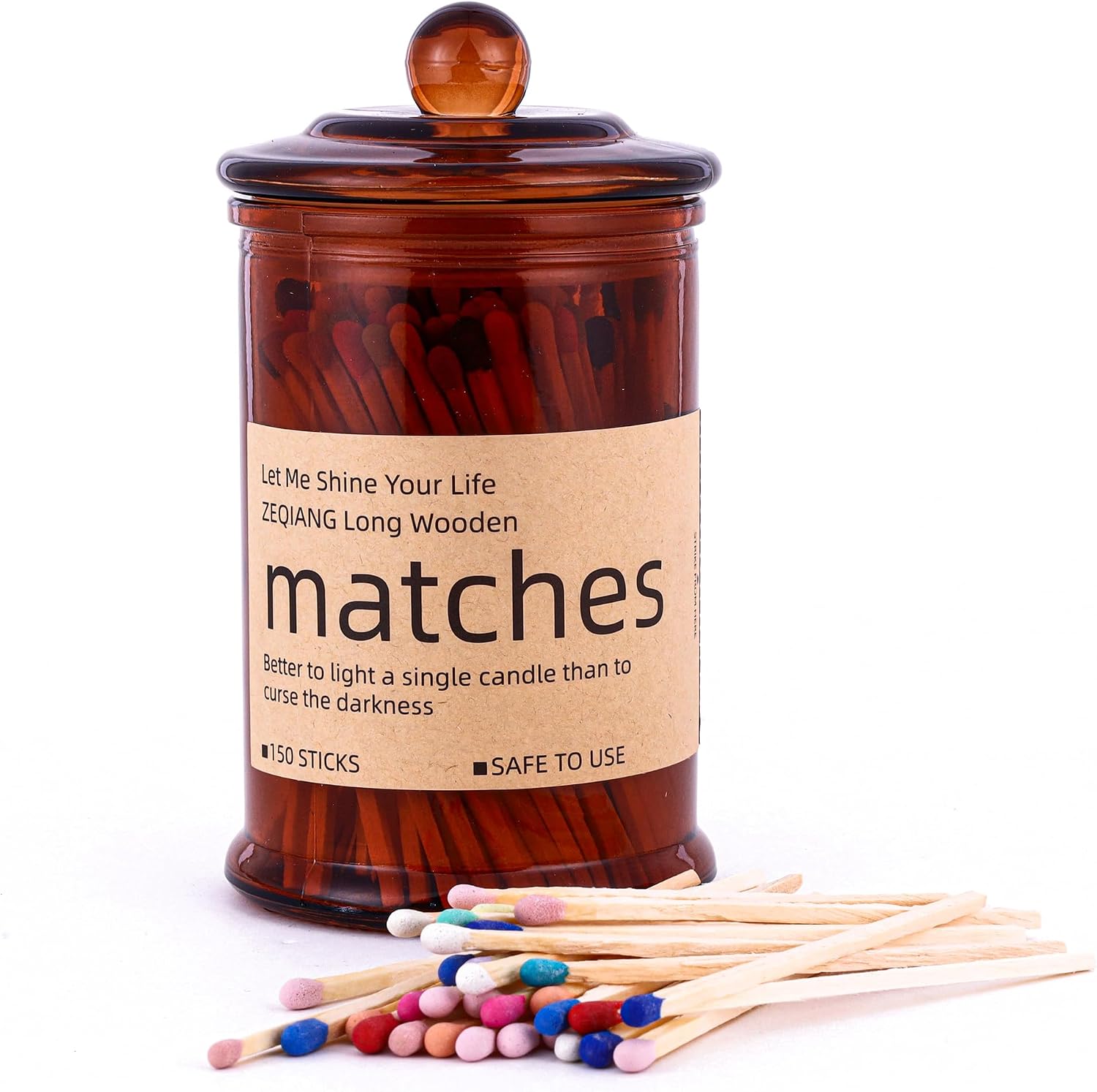 4" Rainbow Matches Included (150 Count). Glass Match Holder with Strikers, Fireplace Matches for BBQ Grill, 150Pcs Long Wooden Safety Match for Candles