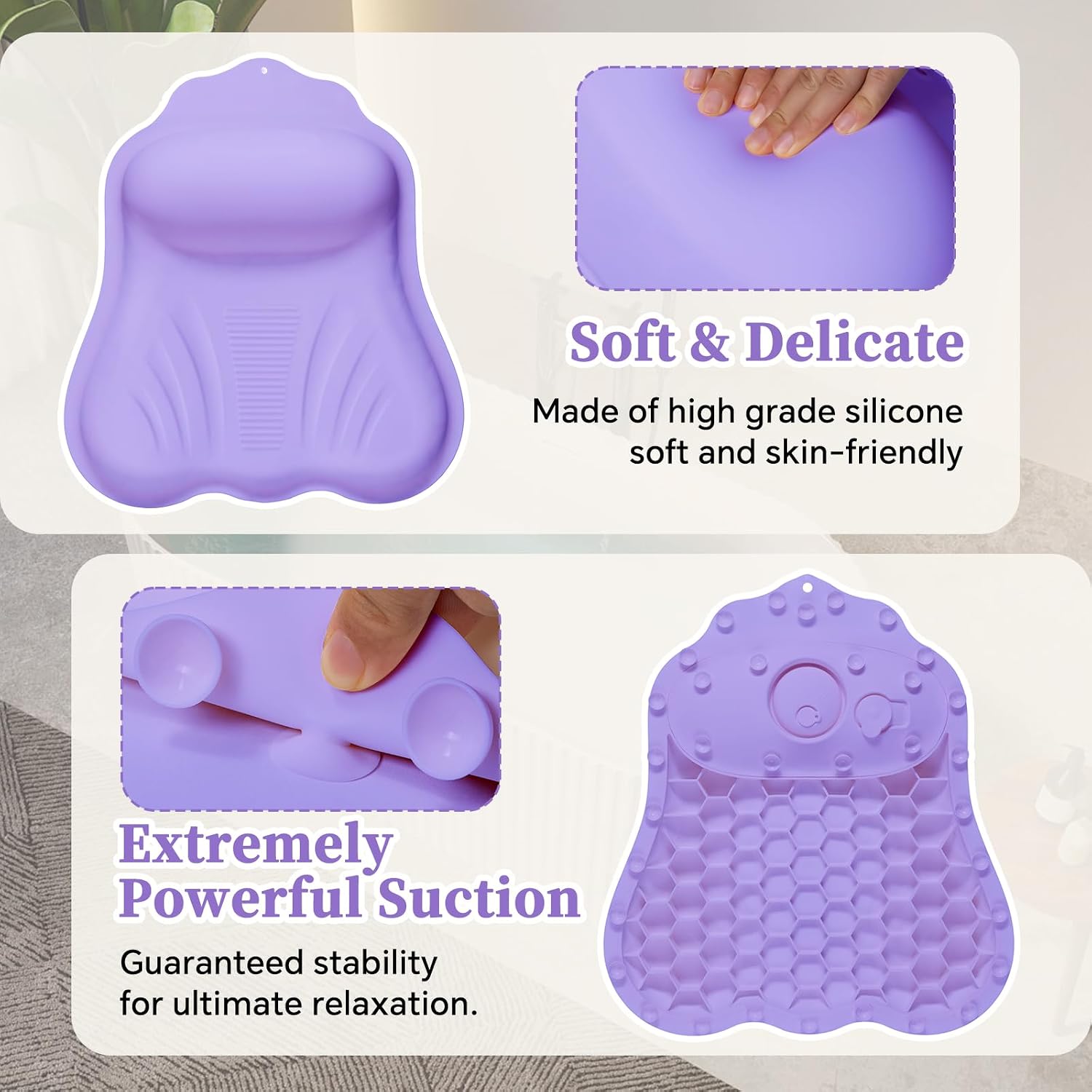 Luxury Silicone Bath Pillow for Tub, New Cloud-Soft 4D Air-Cushion Bathtub Pillow for Head and Neck & Back Support, Strong Suction Cups, Waterproof Quick-Dry Bathtub Headrest (Purple)