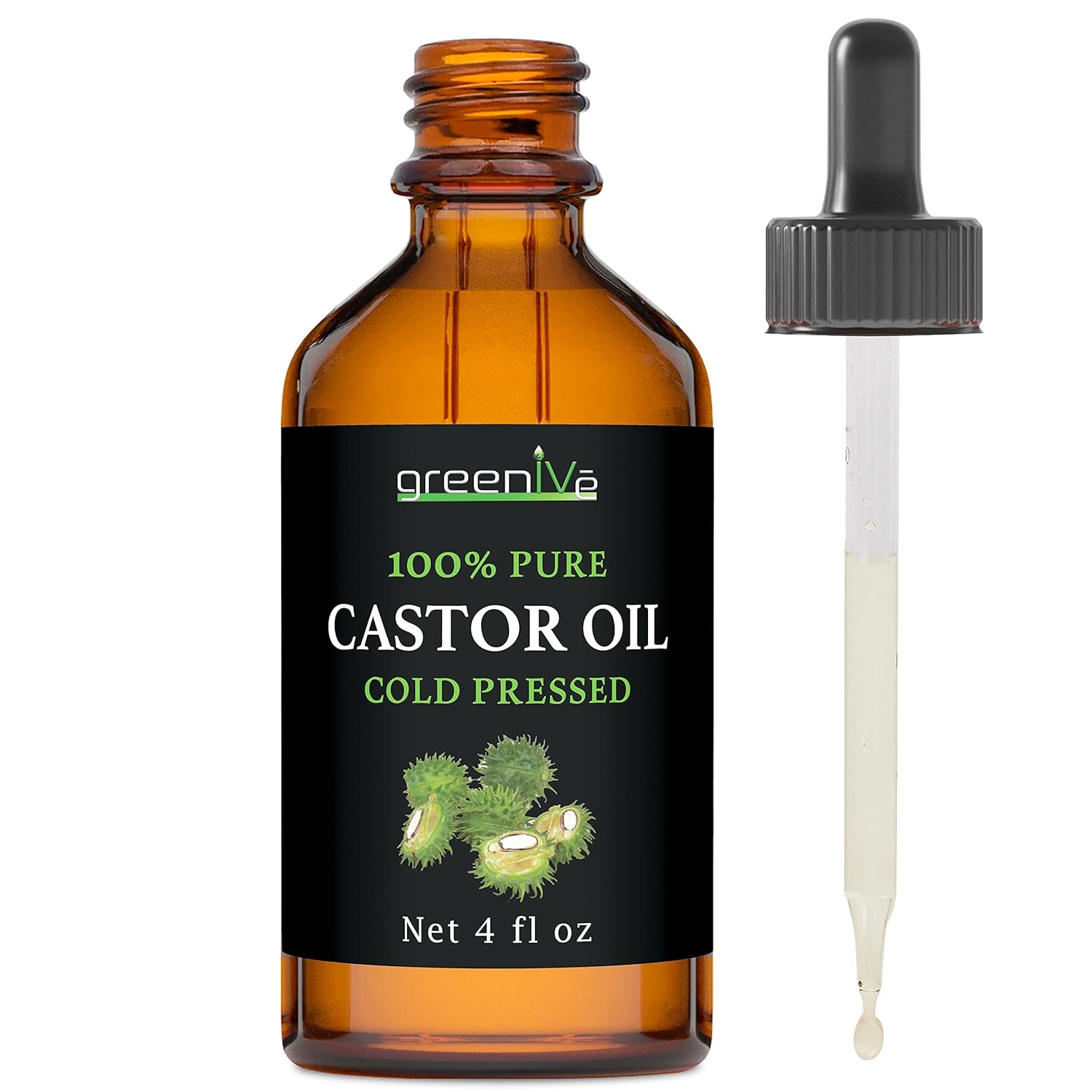GreenIVe 100% Pure Castor Oil – Cold-Pressed, Hexane-Free – Hair, Eyebrows, Eyelashes, Skin Moisturizer, Castor Pack Wrap Oil Glass Bottle (4 Fl oz)