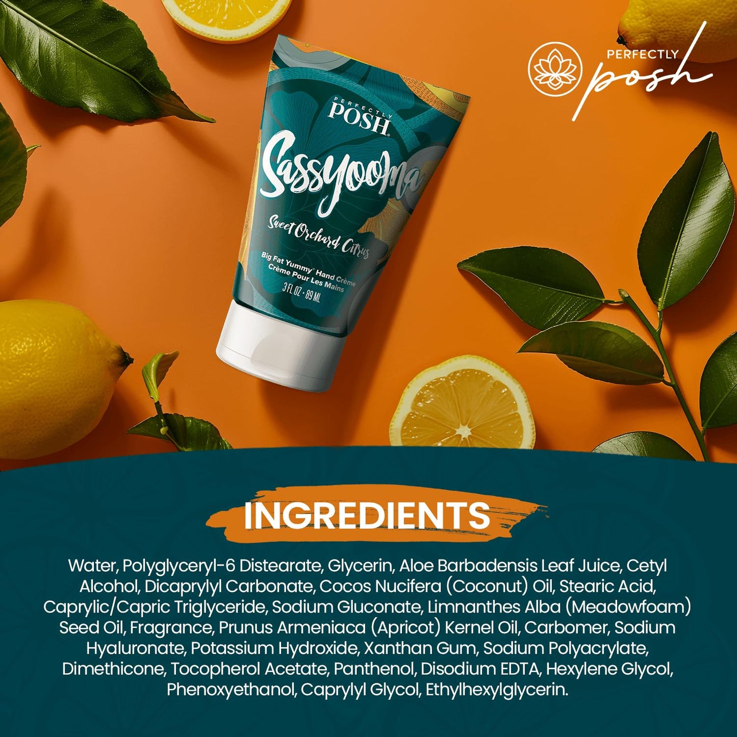 Perfectly Posh - Sassyooma Big Fat Yummy Hand Crème - Non-Greasy Hand Cream with Apricot Kernel Oil, Coconut Oil and Citrus Scent - 89ml