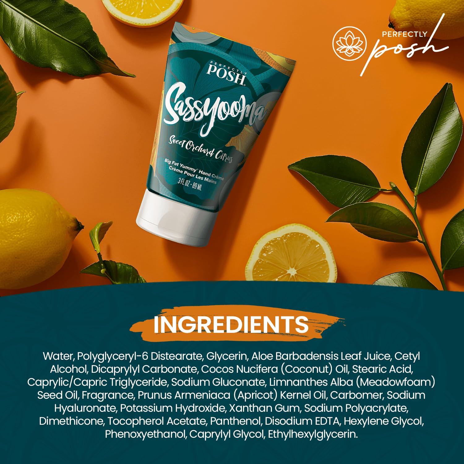 Perfectly Posh - Sassyooma Big Fat Yummy Hand Crème - Non-Greasy Hand Cream with Apricot Kernel Oil, Coconut Oil and Citrus Scent - 89ml