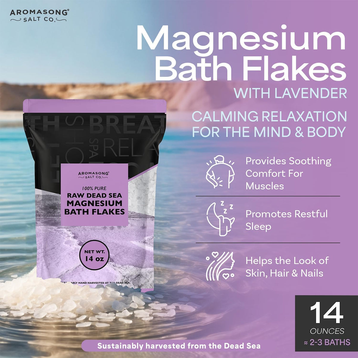 Aromasong RAW Magnesium Bath Flakes with 100% Natural Lavender, 14 Oz. Muscle Relaxing Organic Salts Mg Chloride, Mineral Soak Salt.