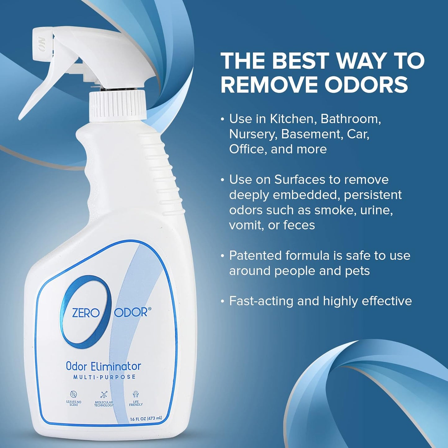 Zero Odor – Multi-Purpose Odor Eliminator - Air & Surface Odor – Patented Technology for Bathroom, Kitchen, Fabric, Closet- Smell Great Again, 16oz