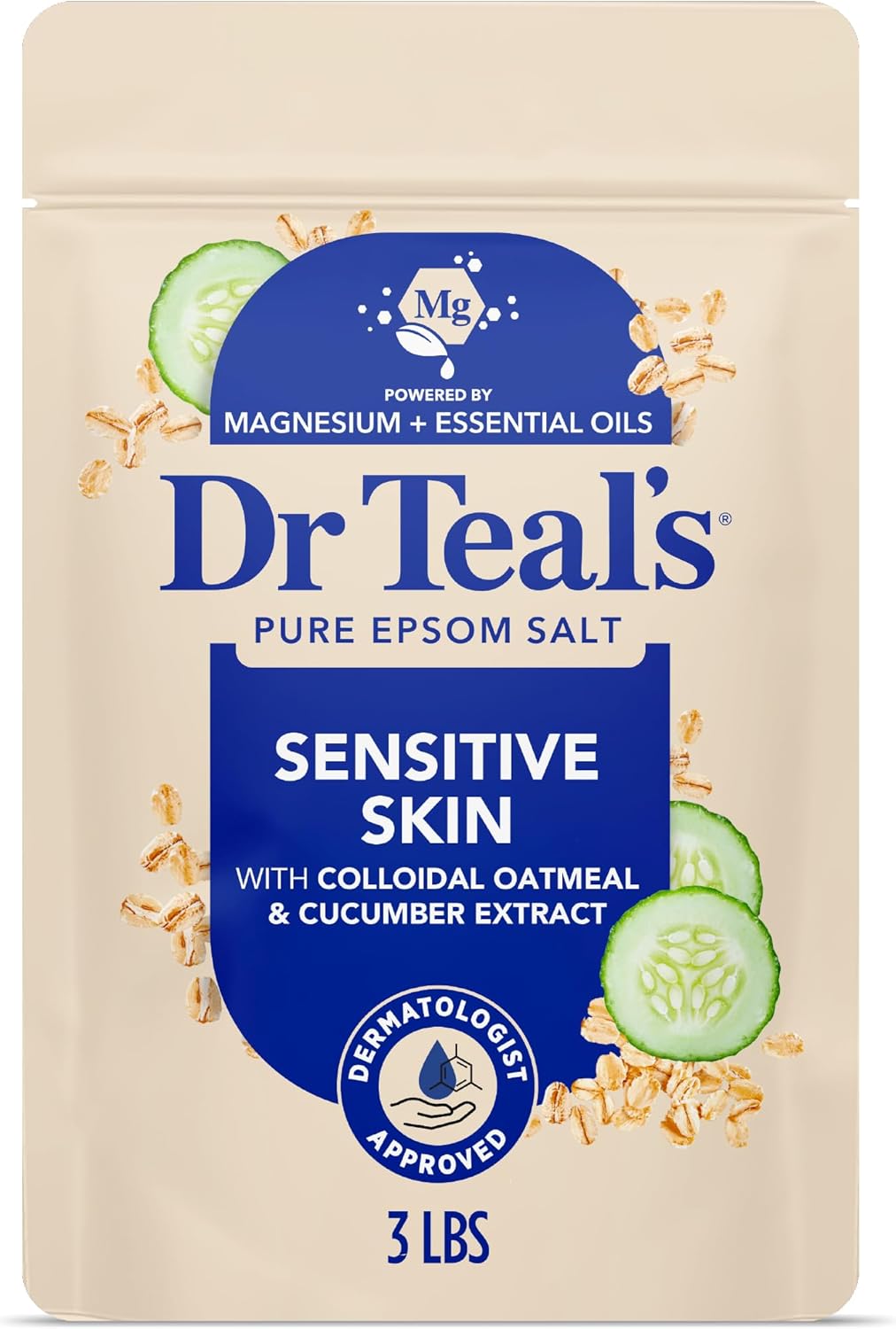 Dr Teal's Epsom Salt Magnesium Soak, Sensitive Skin with Colloidal Oatmeal & Cucumber Extract, 3 lbs