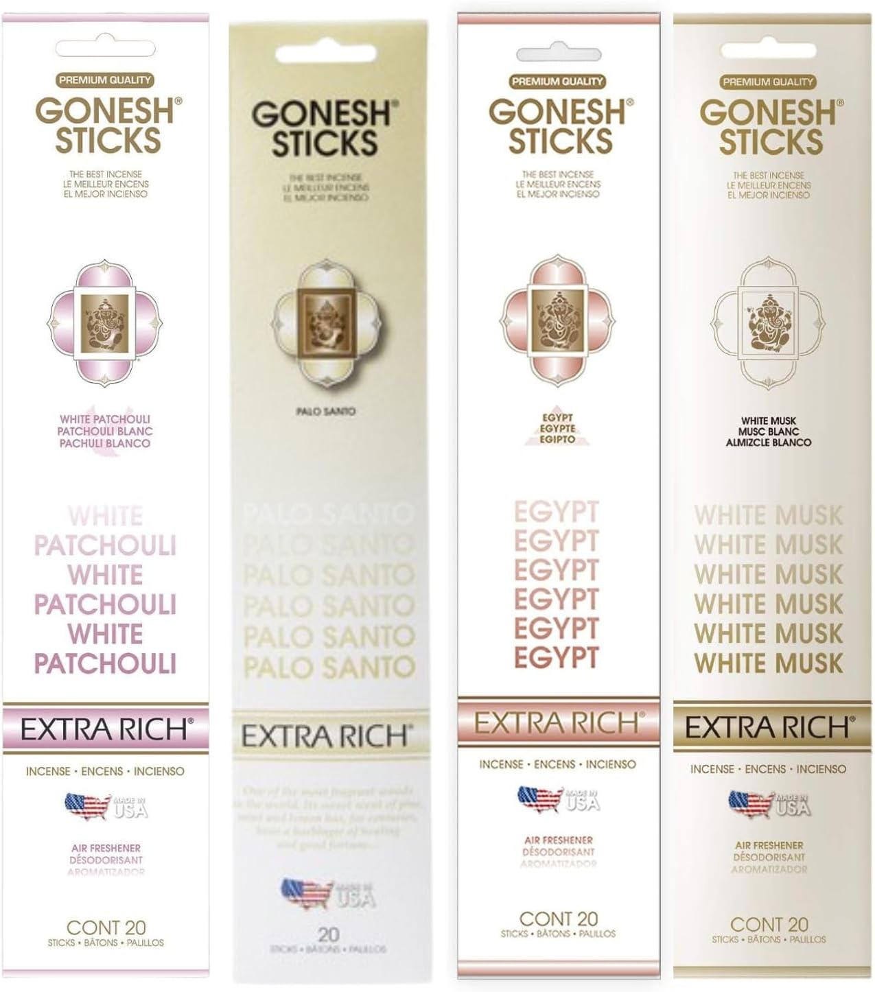 Gonesh Bliss Collection - Incense Sticks Variety Pack - Non-Toxic 10” Slow Burn Aromatic Sticks - Palo Santo, Egypt, White Musk, White Patchouli - 20 Sticks Each