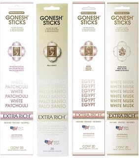 Gonesh Bliss Collection - Incense Sticks Variety Pack - Non-Toxic 10” Slow Burn Aromatic Sticks - Palo Santo, Egypt, White Musk, White Patchouli - 20 Sticks Each