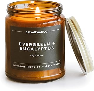 Calyan Wax Co. Evergreen & Eucalyptus Scented Candle - 57 Hour Burn - Luxury Clean Soy Wax Candles - Long Lasting Amber Glass Jar Candle for Home - 7.2oz