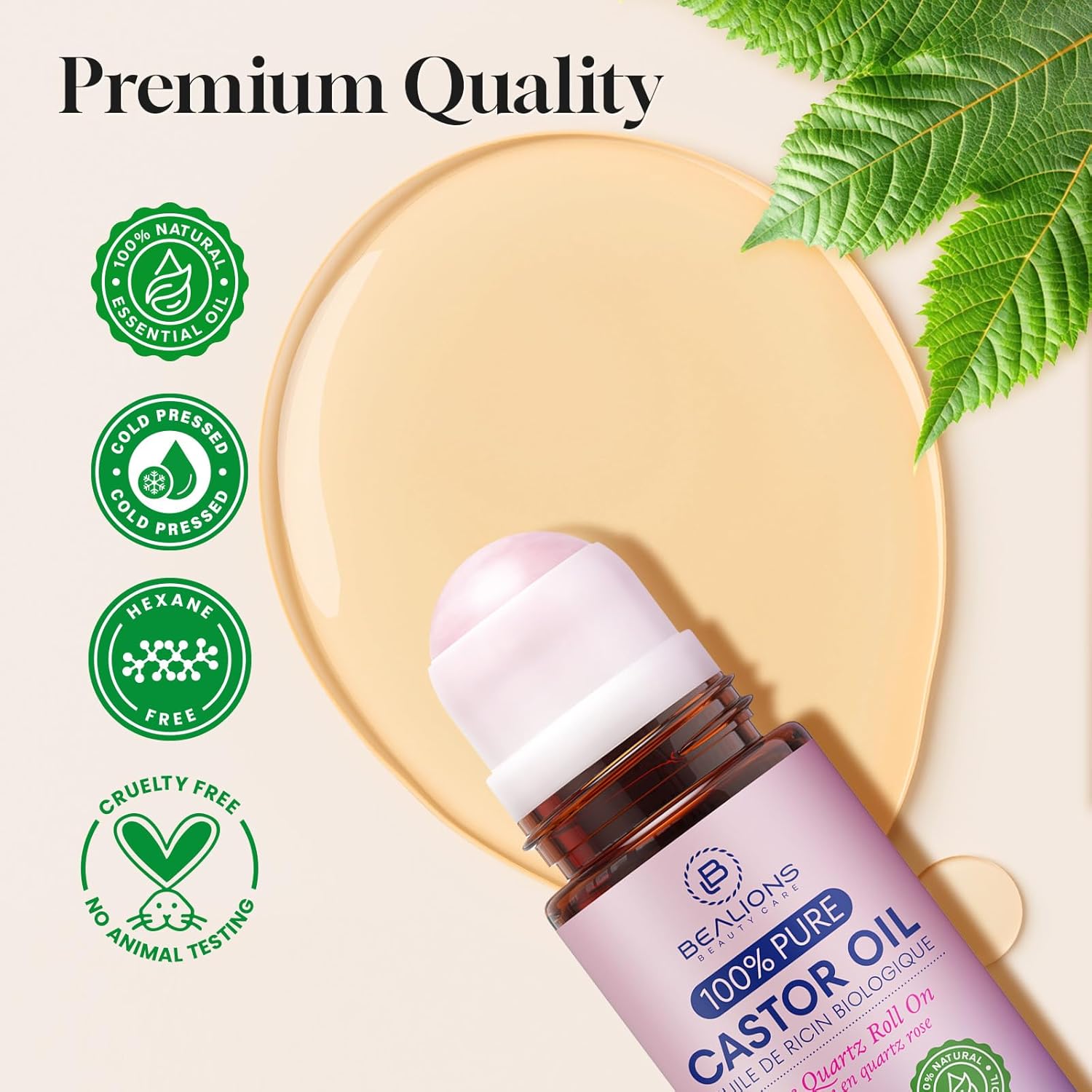 Bealions Organic Castor Oil Rose Quartz Roller Ball | Reduces Fine Lines, Wrinkles & Under-eye Puffiness, Promotes Thicker, Longer-looking Lashes and Brows, Gifts for Women 35+