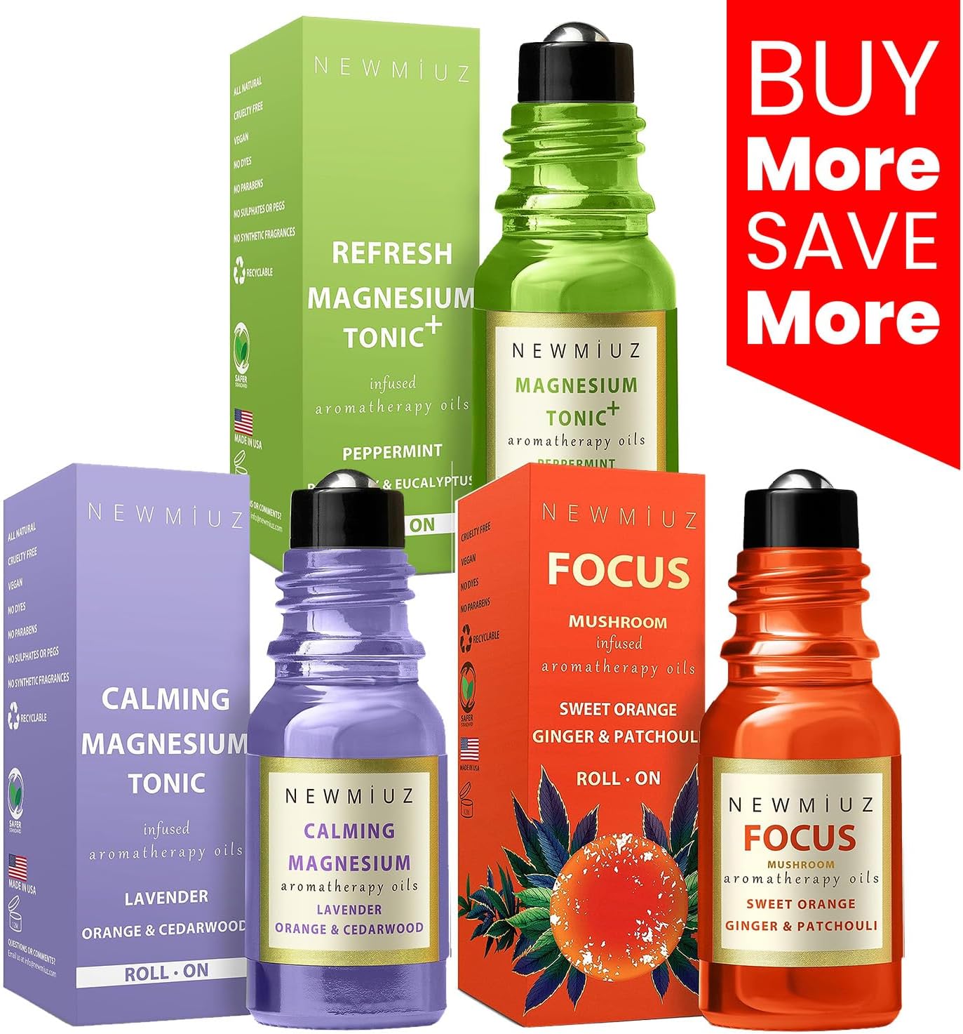 Headache Roll on Stick Peppermint Rosemary and Eucalyptus with Calming Roller Magnesium Lavender Orange Cedarwood & Roll-On Essential Oil Blends Focus Memory Concentration Orange Ginger Patchouli Pack