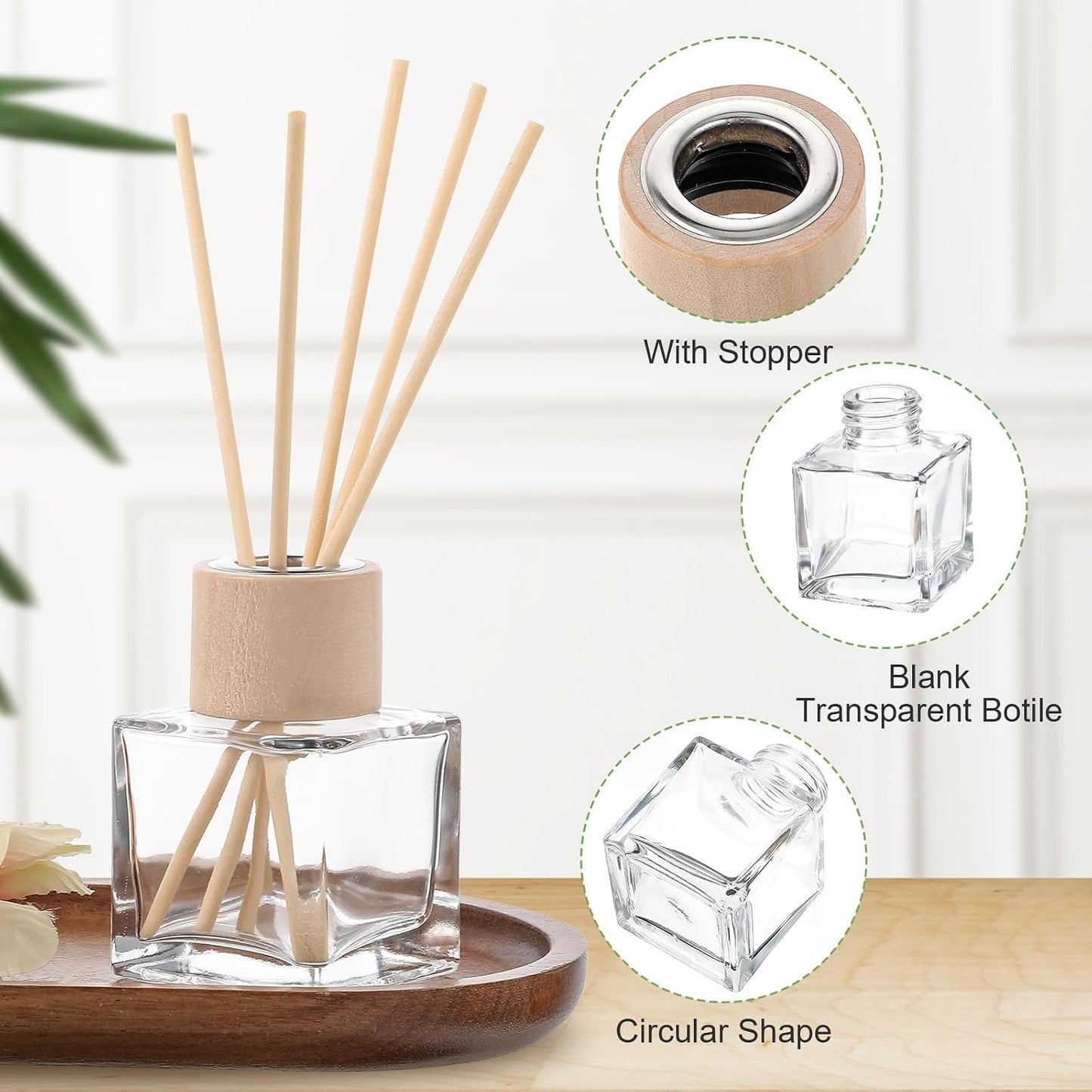 12 Set Reed Diffuser Bottle Empty Fragrance Glass Diffuser Bottles Refillable Diffuser Bottles Set with Wooden Caps Rattan Sticks 50ml 1.7 Oz Glass Jars for Home