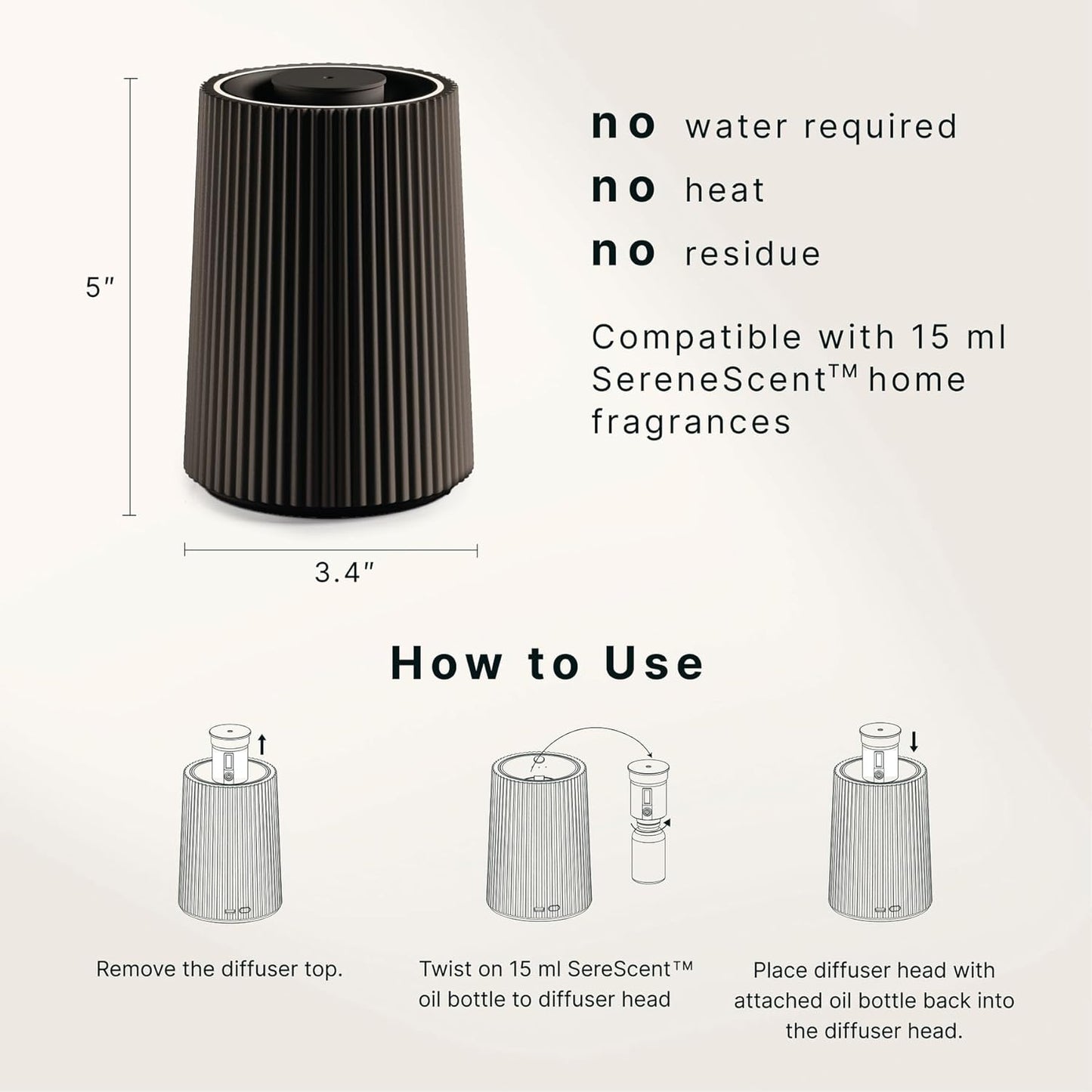 Homedics Waterless Essential Oil Diffuser with 15ml Vanilla Cedarwood Fragrance Oil. SereneScent Cordless Cold Air Scent Diffuser Starter Kit with Ambient Light, Studio 671 (Black)